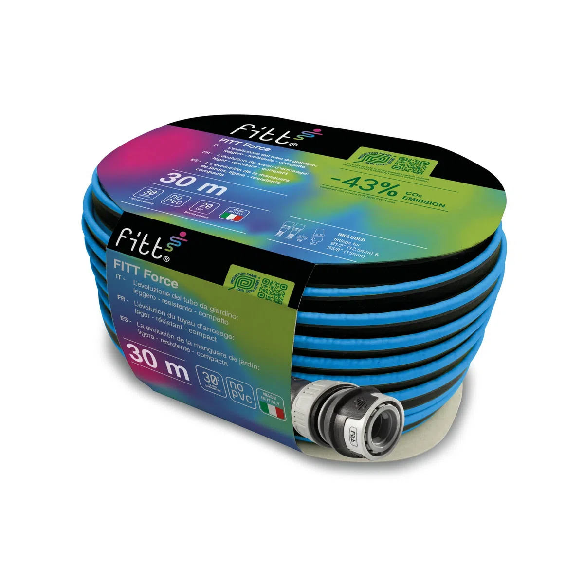 FITT FORCE 30 m, Tubo acqua per irrigazione giardino, Leggero, Resistente e compatto, Per Uso Intensivo, con Lancia, colore Blu, -43% CO2e