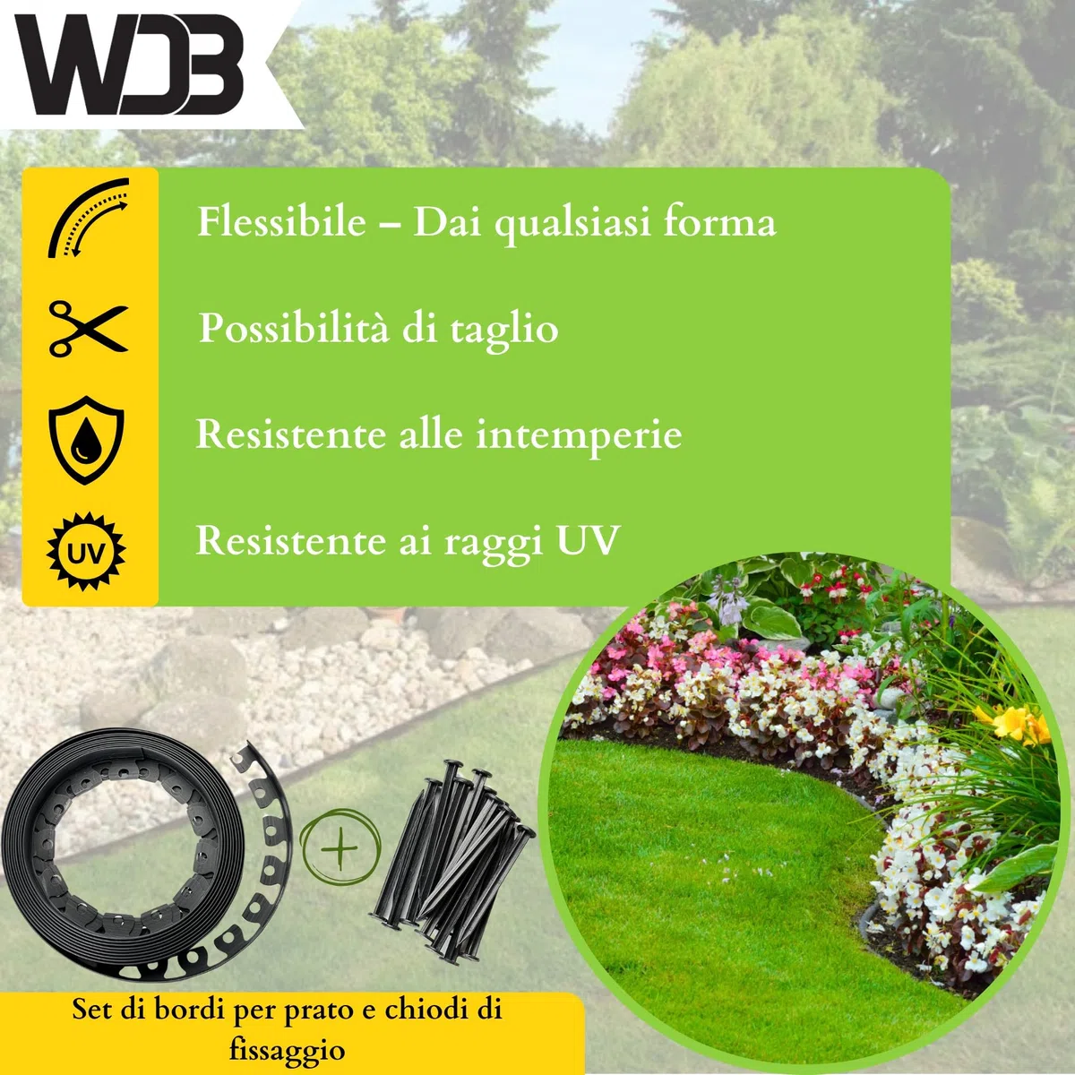 WDB Bordo flessibile in plastica, lunghezza 10 m, altezza 4 cm, con 20 chiodi di fissaggio, colore nero, RAL 9005