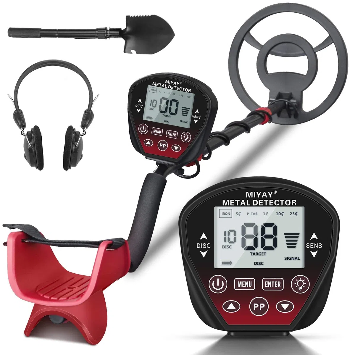 Metal Detector Professionali, Metaldetector Portatile per Adulti, Bobina di Ricerca Impermeabile da 10", Display LCD, 5 modalità (Rosso)