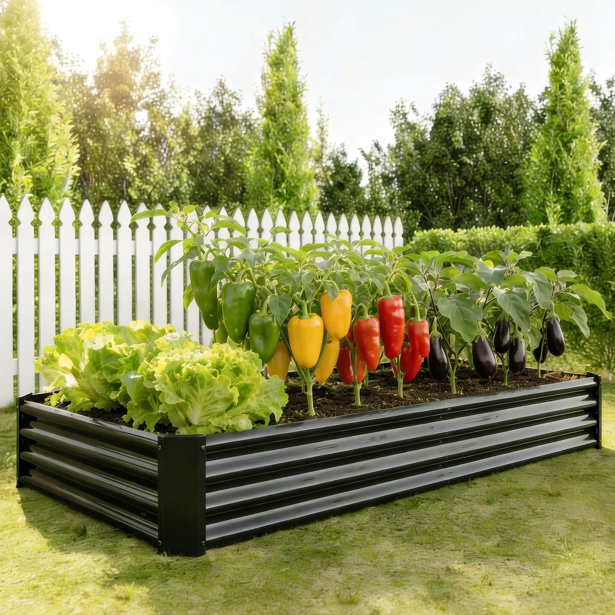 Set di aiuole rialzate in metallo zincato, per giardino, 232 x 113 x 30 cm, set di aiuole rialzate per verdure, fiori grassi, erbe aromatiche, aiuole e vaschetta per piante, rettangolare, nero