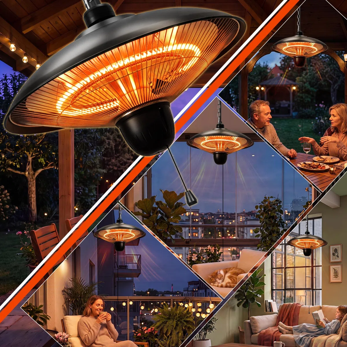 Stufa da esterni da 1800 W, per terrazza, sospesa, colore nero | Stufa elettrica da terrazza sospesa con 3 livelli di potenza, per terrazze, balconi e ambienti esterni coperti