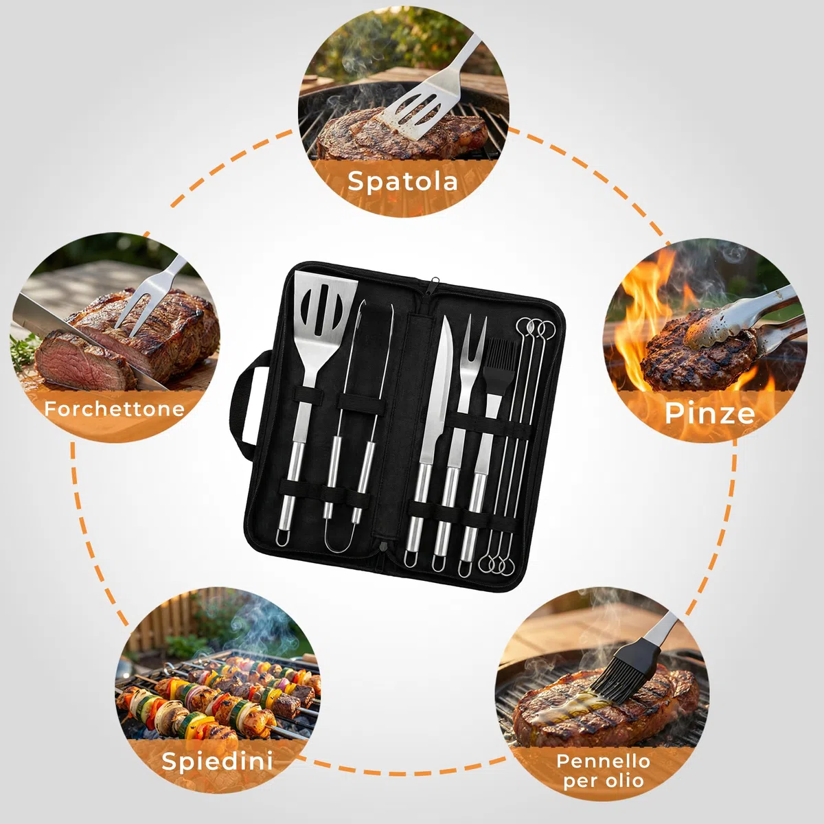 Set 9 Pezzi Utensili Barbecue – Attrezzi BBQ in Acciaio Inox con Custodia – Accessori Completi per Barbecue, Grigliate, Camino e Cottura al Forno
