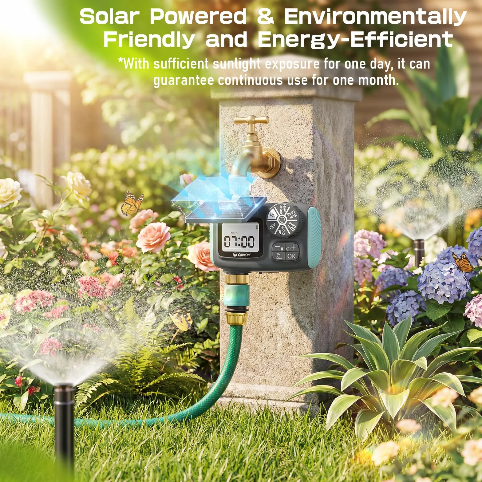 Timer Irrigazione Solare, Programmatore Automatico per Tubo da Giardino con Ritardo Pioggia/Modalità Manuale, 3/4" Ingresso in Ottone Energia Display LCD Ecologica per Prato e Giardino