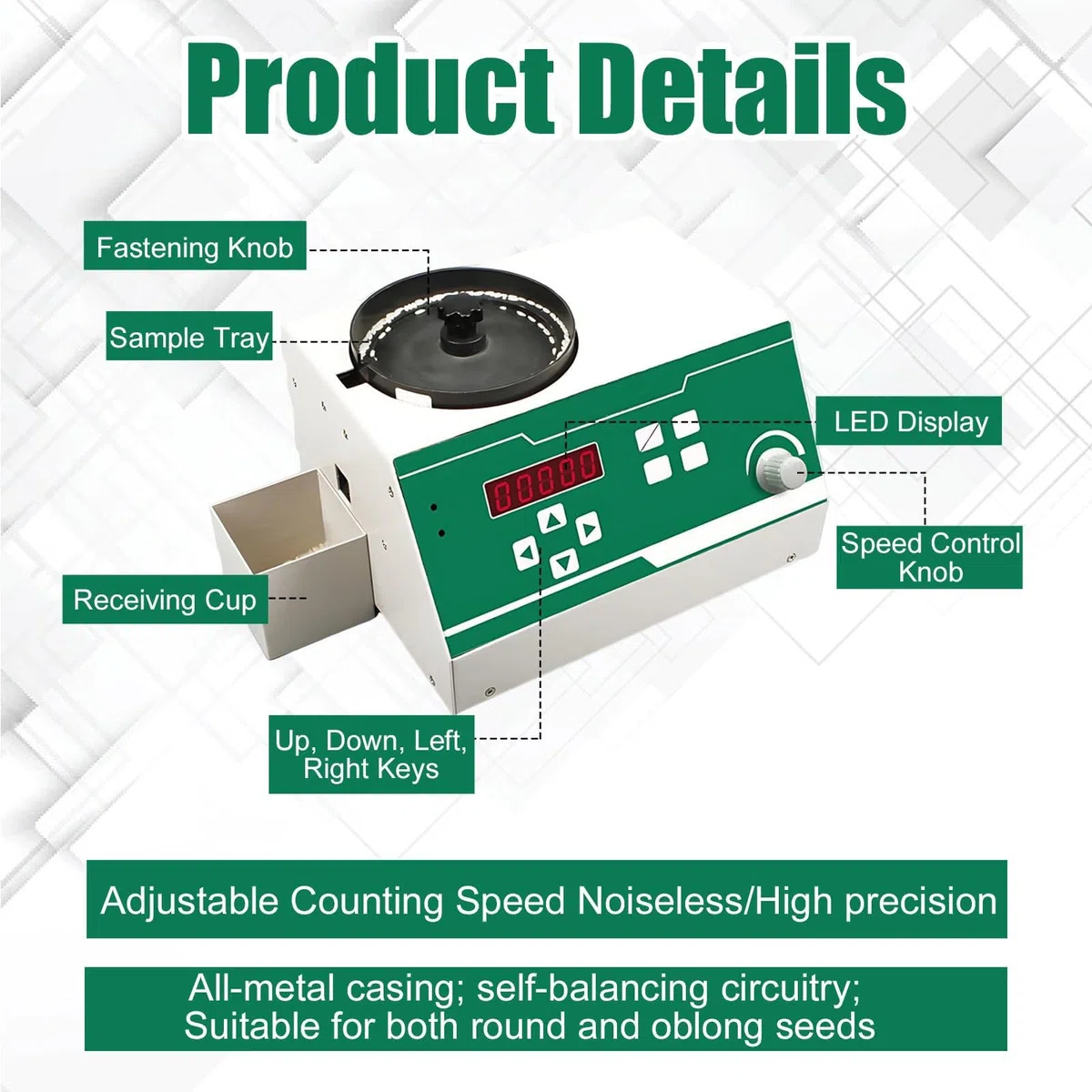Contatore Automatico di Semi, Contatore Elettrico di Particelle di Grano | Display LED, Velocità Regolabili, Arresto Preimpostato, Conta 1-99999 Semi per Riso, Grano, Mais, Soia e Agricoltura(white)