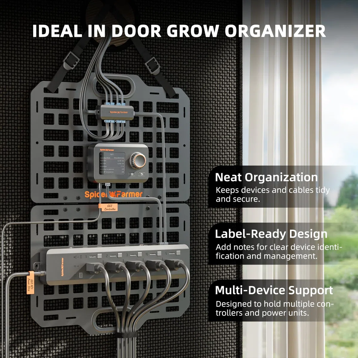 Spider Farmer Grow Tent Gear Board, 2026 Nuovo sistema di gestione delle attrezzature e dei cavi pieghevole e resistente, organizer per pannelli di montaggio in acciaio per GGS Smart System, ciabatta