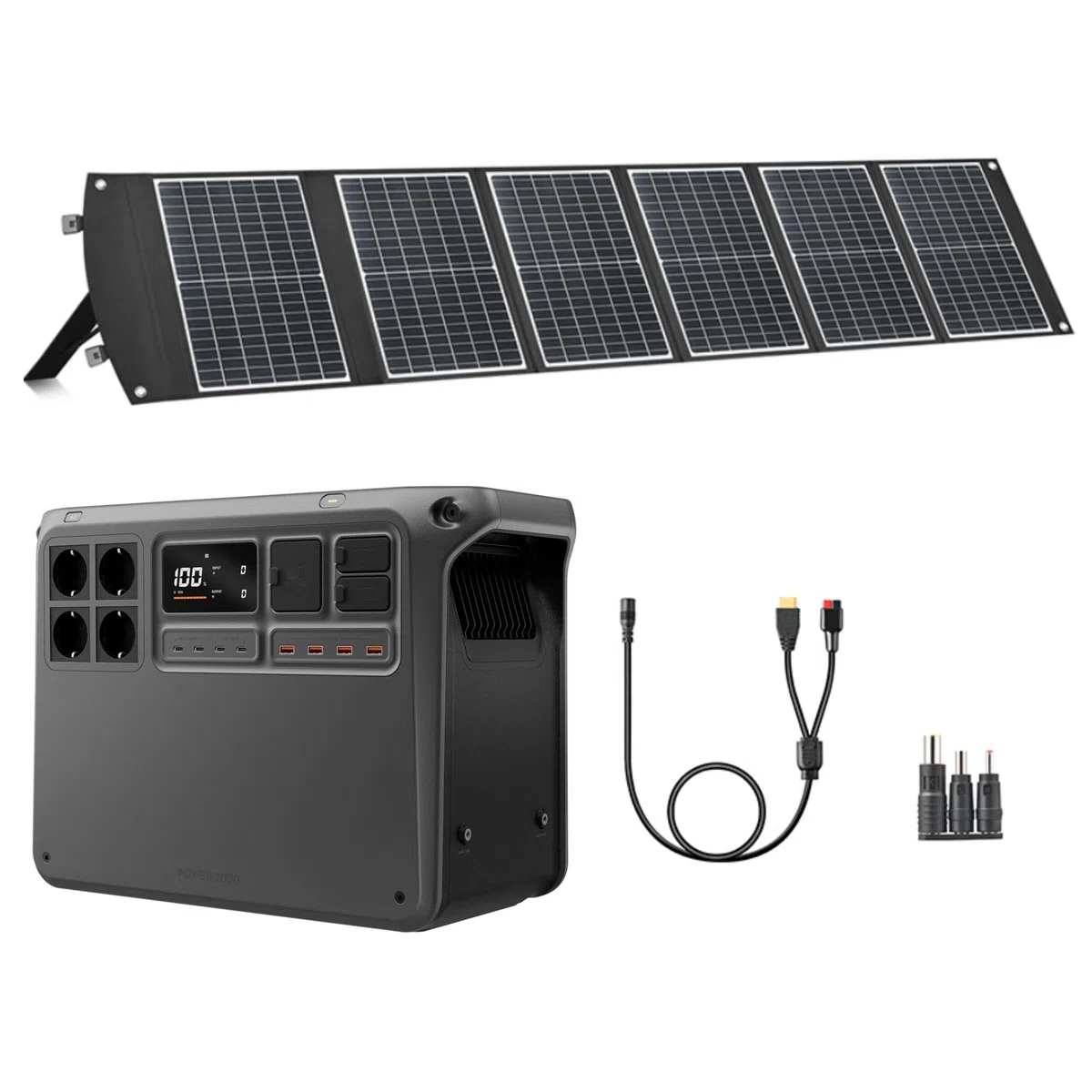 （Preparare autonomamente l'adattatore MPPT）DJI Power 2000 Power Station portatile 2048 Wh, con 1x pannello solare pieghevole 200W, adattatori DC5521 femmina/Anderson/XT60, adattatore DC 3-in-1.