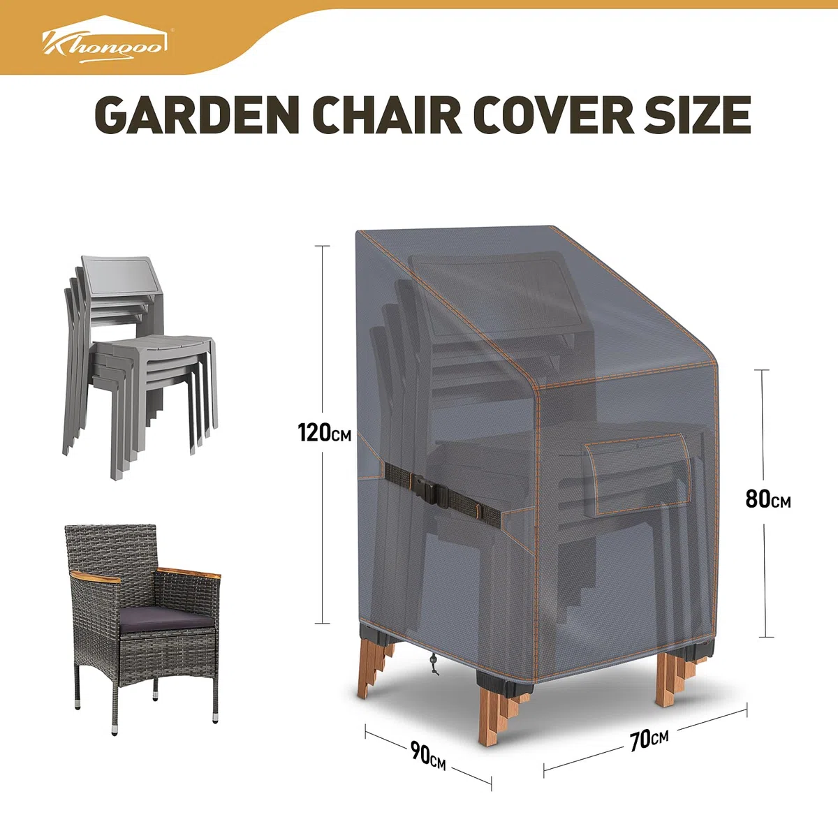 Coprisedie da Giardino Impilabili, Impermeabile, 70x90x80/120cm, Grigio | Copertura sedie esterno, tessuto oxford 420D, resistente all'inverno, antistrappo, anti-uv, antivento e antipolvere