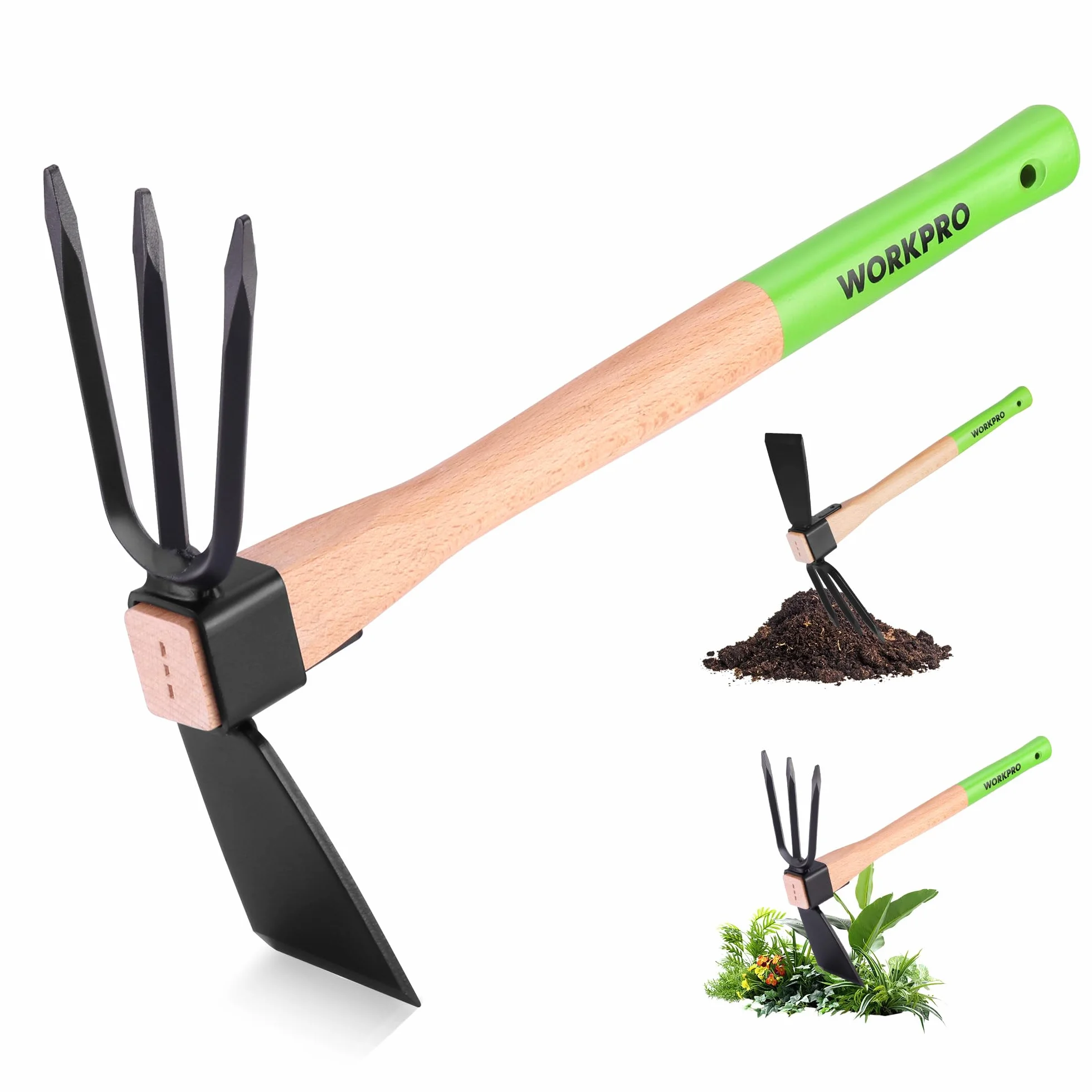 WORKPRO Zappa e Coltivatore 2-in-1 – Rastrello da Giardino con Manico in Legno da 36 cm, Lama Affilata e Denti a 3 Artigli, Attrezzo Pesante per Scavare, Smuovere il Terreno, Sarchiare e Coltivare