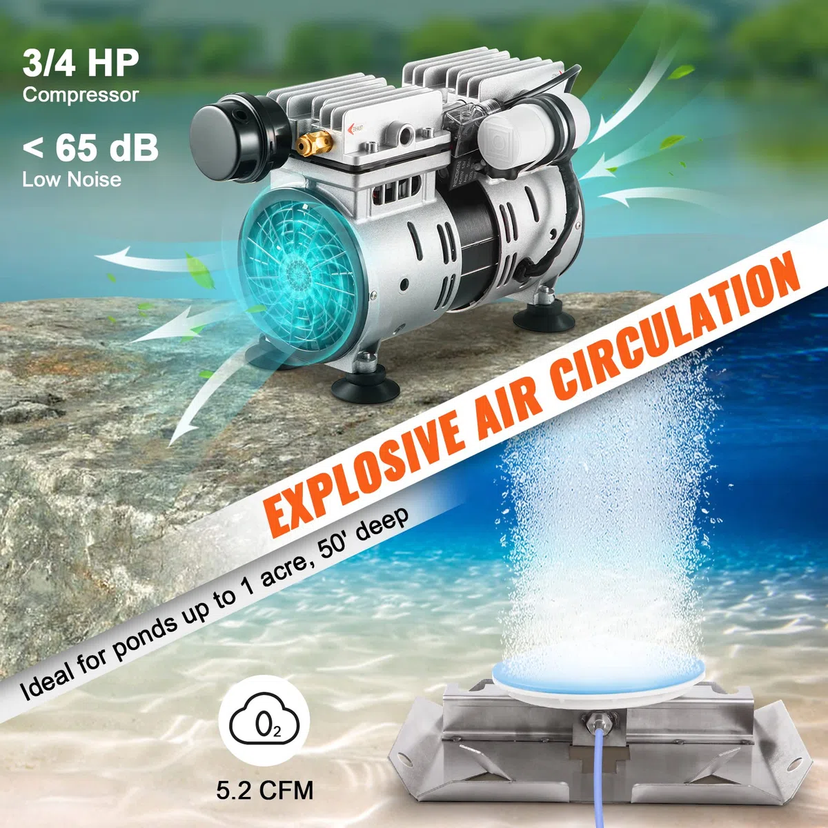 VEVOR Aeratore per laghetto, Kit Sistema di aerazione del Lago 550 W 5,2 CFM per laghetto 1 acro, profondità 50 Piedi con compressore d'Aria, Tubo 100 Piedi, Diffusore da 10" per circolazione