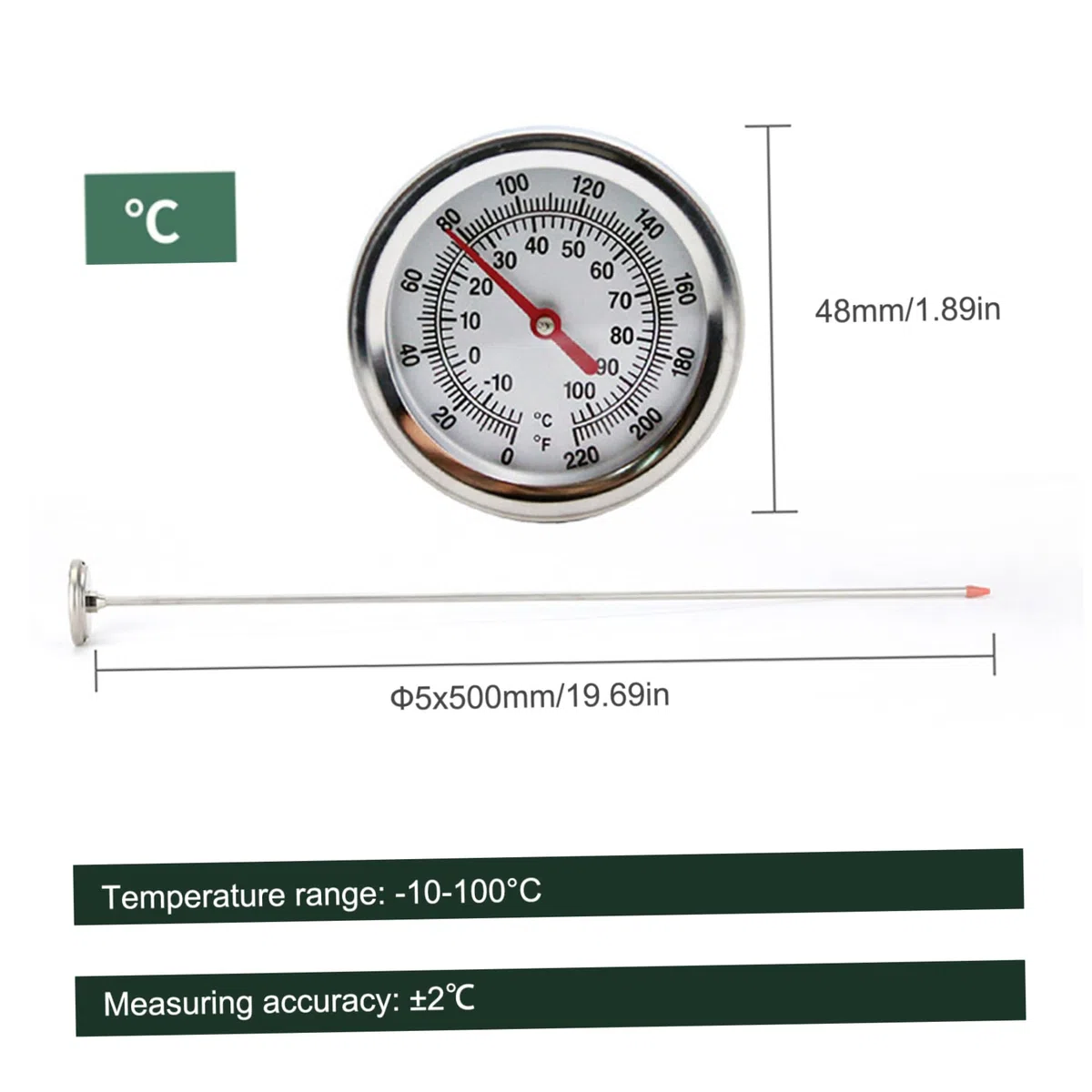 Termometro per compost, Termometro per terreno portatile in acciaio inossidabile con quadrante da 2 pollici con stelo da 20 pollici per terreno, compost, giardino