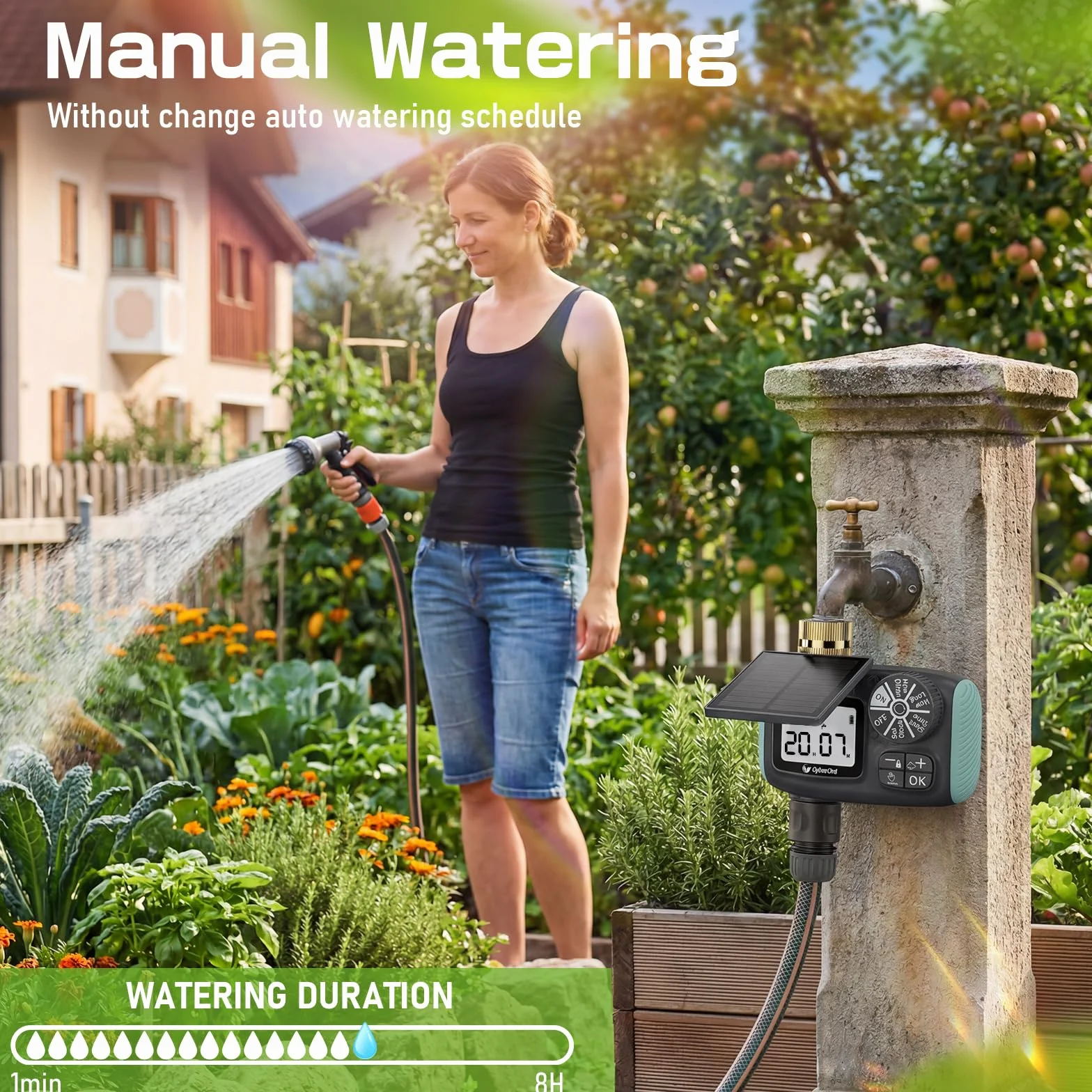 Timer Irrigazione Solare, Programmatore Automatico per Tubo da Giardino con Ritardo Pioggia/Modalità Manuale, 3/4" Ingresso in Ottone Energia Display LCD Ecologica per Prato e Giardino