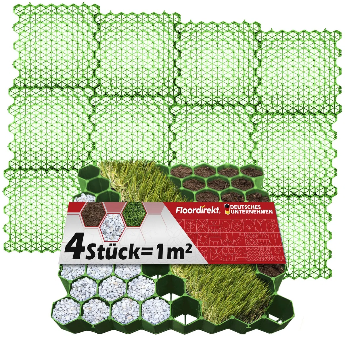 Floordirekt Griglia per prato in plastica, 1 m² – 4 pezzi – 50 x 50 cm, verde – griglia da pavimento, piastra paddock, a nido d'ape per prato