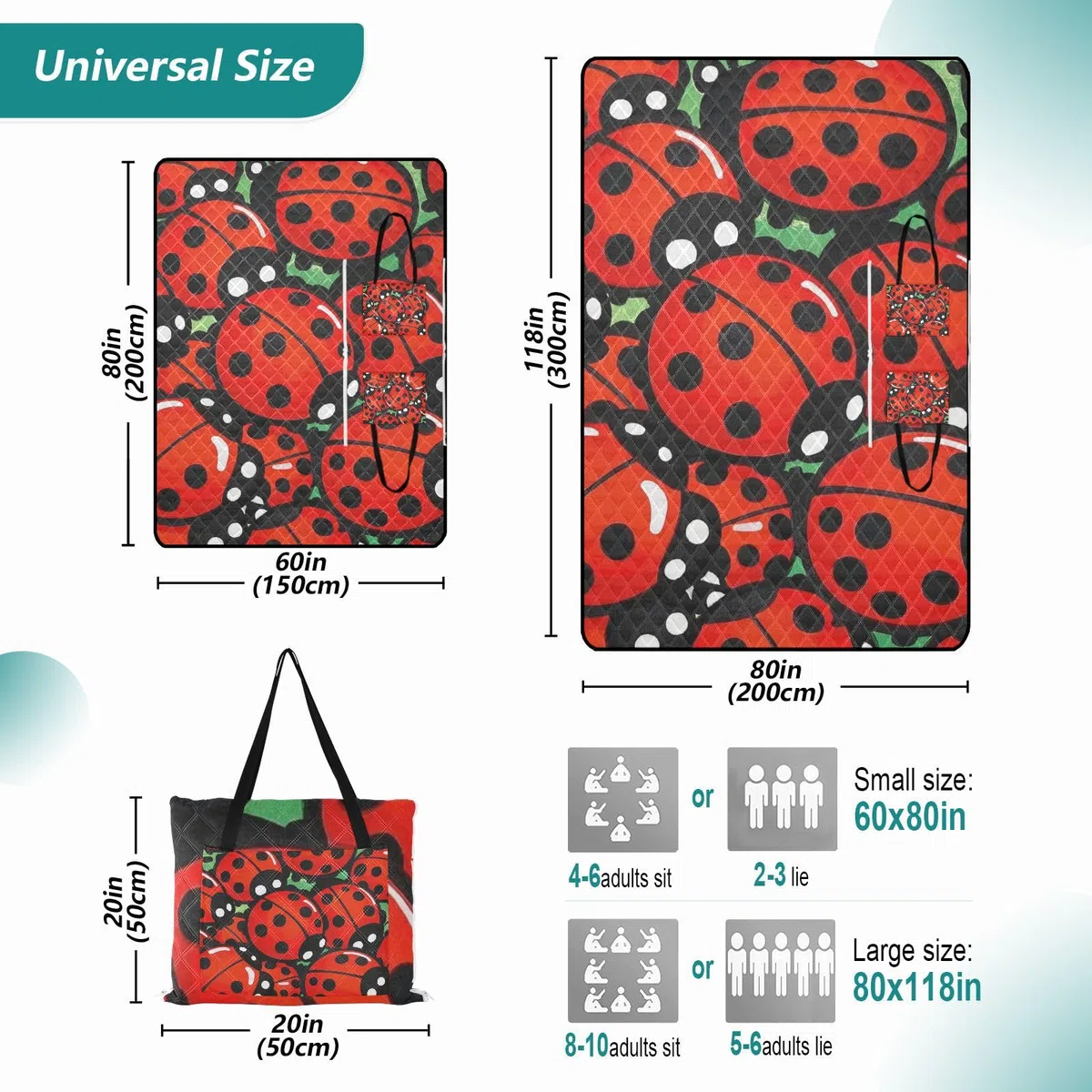 Simpatico cartone animato insetto distintivo rosso impermeabile picnic coperte per all'aperto resistente alla sabbia campeggio partito pieghevole coperta da picnic per adulti coppie regalo