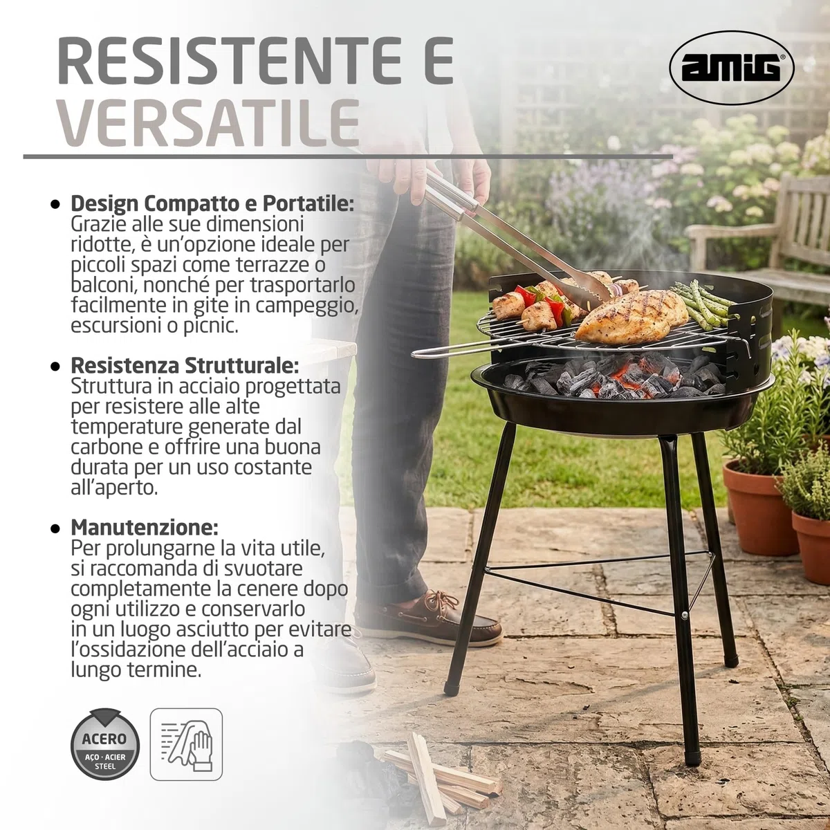 Amig - Barbecue a carbone - 33 x 35 x 56 cm - Nero - Realizzata in Acciaio - Giardino e patio - per terrazza e balcone con dimensioni adatte a spazi piccoli, uso pratico. Mod. AZKAR