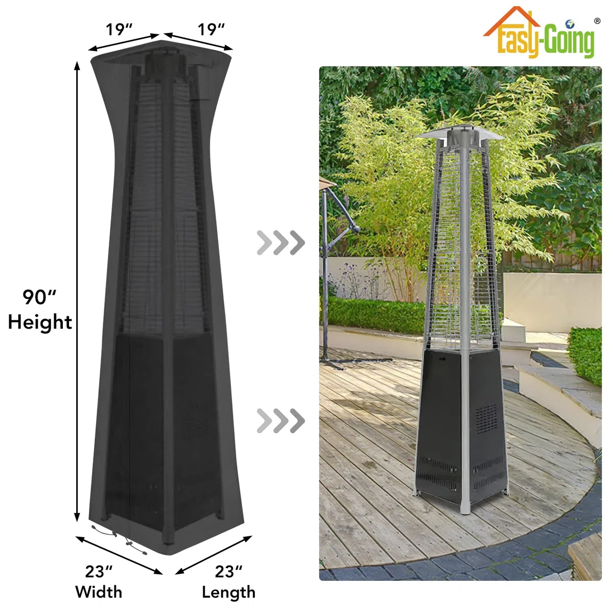 Easy-Going Pyramid Torch Patio Heater Cover with Zipper and Storage Bag, Waterproof Outdoor Heater Cover Dustproof, UV-Resisant, Wind-Resistant (90" H x 23" L x 23" W, Black)