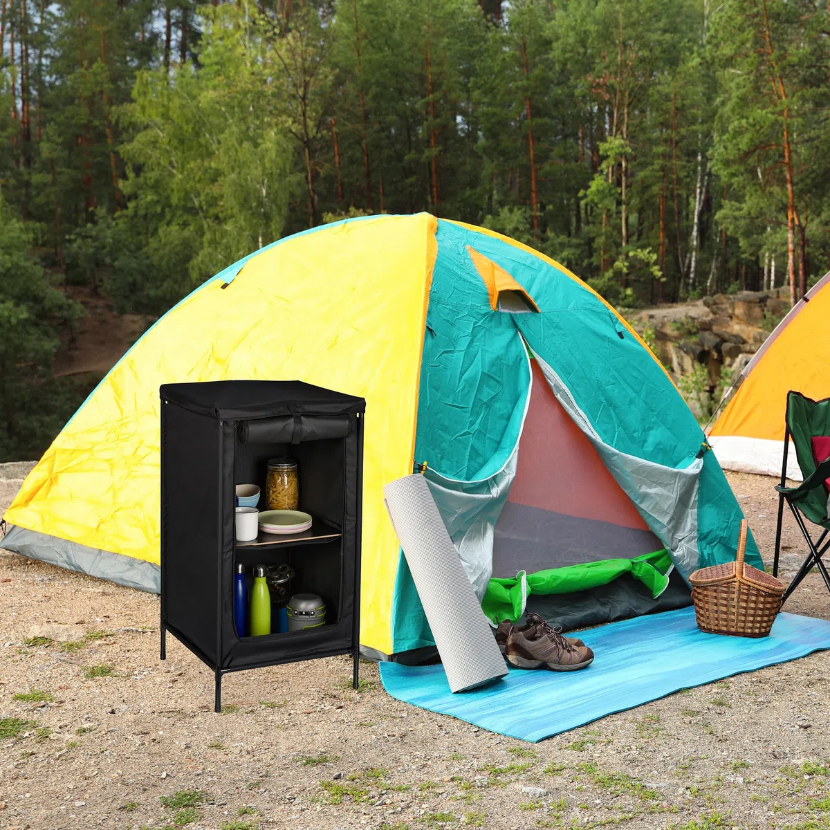 Relaxdays Mobiletto da Campeggio con 2 Ripiani, HLP 87x47,5x47,5 cm, Armadietto da Camping con Supporto Rialzato, Grigio