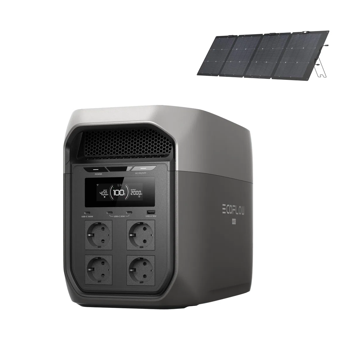 Power station EF ECOFLOW DELTA 3 Max da 2048 Wh con pannello solare da 400W | Uscita X-Boost da 2400 W, ricarica ultrarapida 0–80% in 51 min, backup (non utilizzato, difetti di confezionamento)