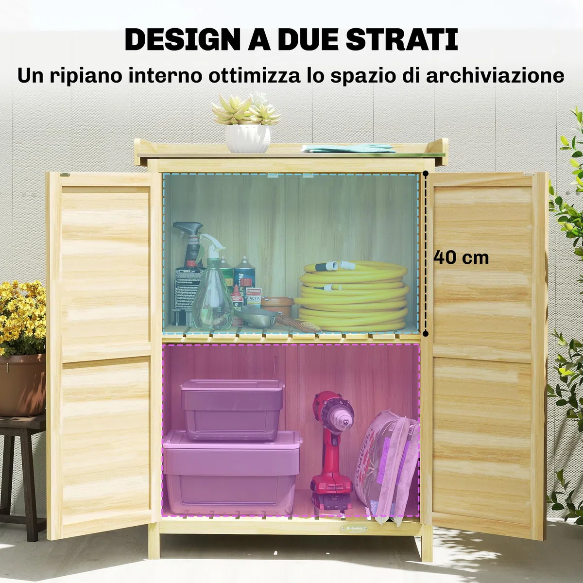Outsunny Casetta da Giardino in Legno di Abete con Ripiani e Ganci Laterali, Armadio da Giardino con Doppia Porta e Piano di Lavoro in Acciao Zincato per Terrazza Patio, 71.5x39x95cm, Naturale