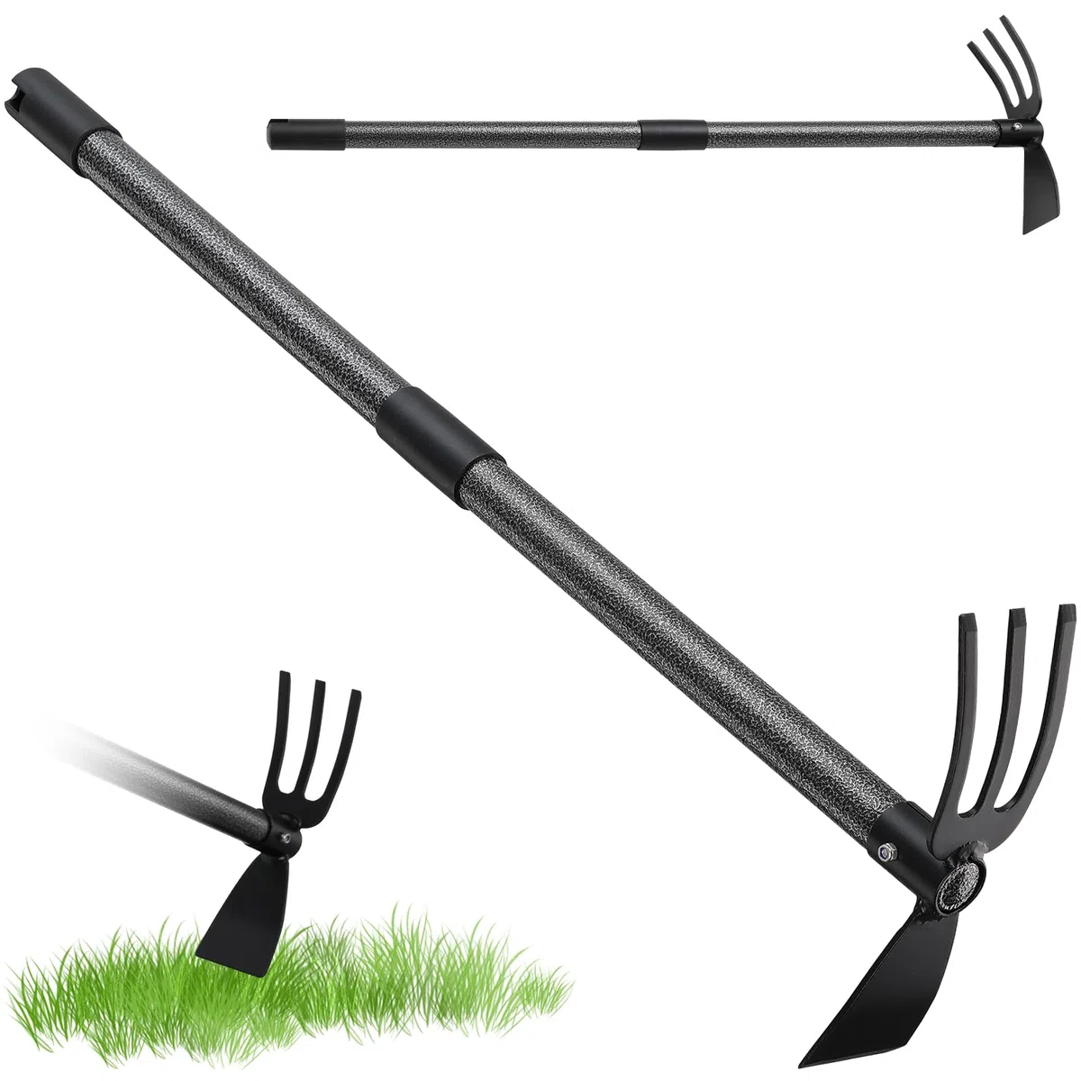 Zappa da giardino con manico in acciaio inox, 76 cm, doppia zappa a 3 zampe, in metallo, per allentare, ventilare e diserbare il terreno