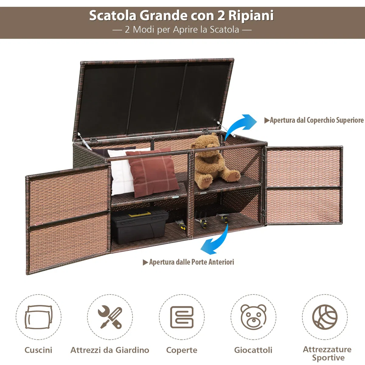 COSTWAY Baule Contenitore da 335L, con Coperchio e 2 Ripiani, Contenitore da Giardino con Telaio in Acciaio, Box per Conservazione di Attrezzi Giocattoli Accessori (Marrone)