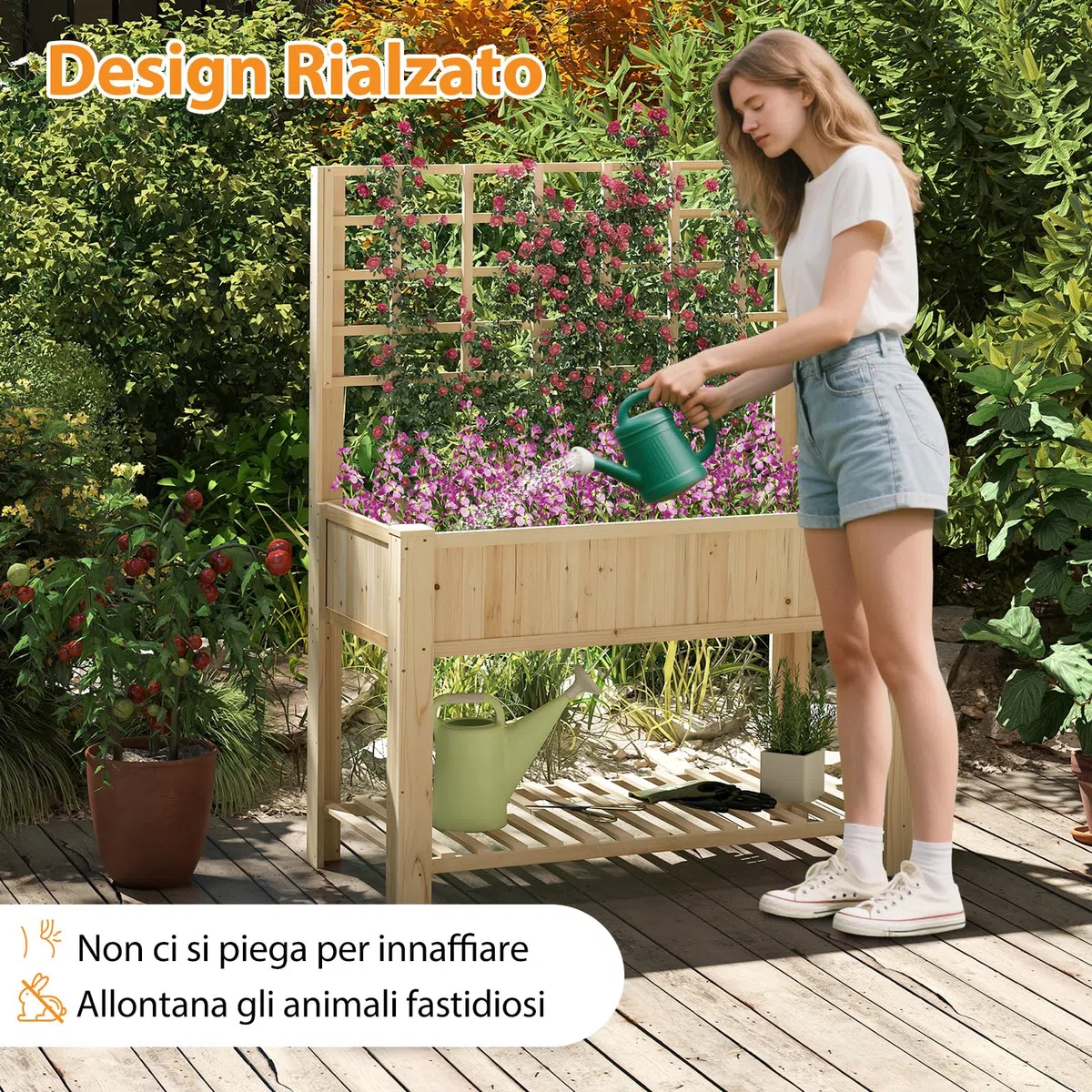 COSTWAY Letto da Giardino Rialzato, Fioriera Elevata con Traliccio, Mensola di Stoccaggio e Fori di Drenaggio, Orto Rialzato per Cortile, Giardino e Patio, 116 x 59 x 150 cm (Naturale)