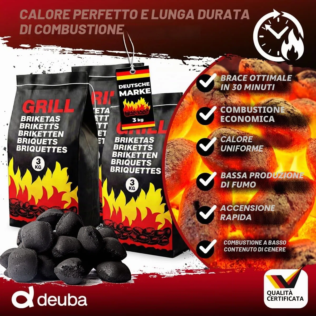 DEUBA® Carbonella per Barbecue 27kg 9 Sacchetti da 3 kg Bricchetti Carbone per Grigliare BBQ Bricchette Grigliata Brace