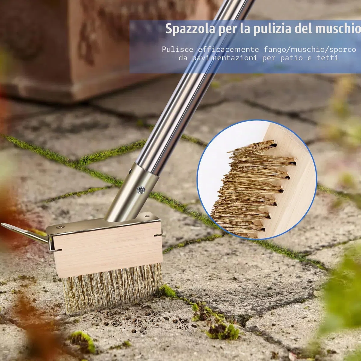 Spazzola per Rimuovere Erbacce Le fughe del Muschio, con Manico Staccabile da 165cm, per pavimentazioni, terrazze, vialetti, Fessure, 2 testine in Filo Metallico con estrattore per Erbacce