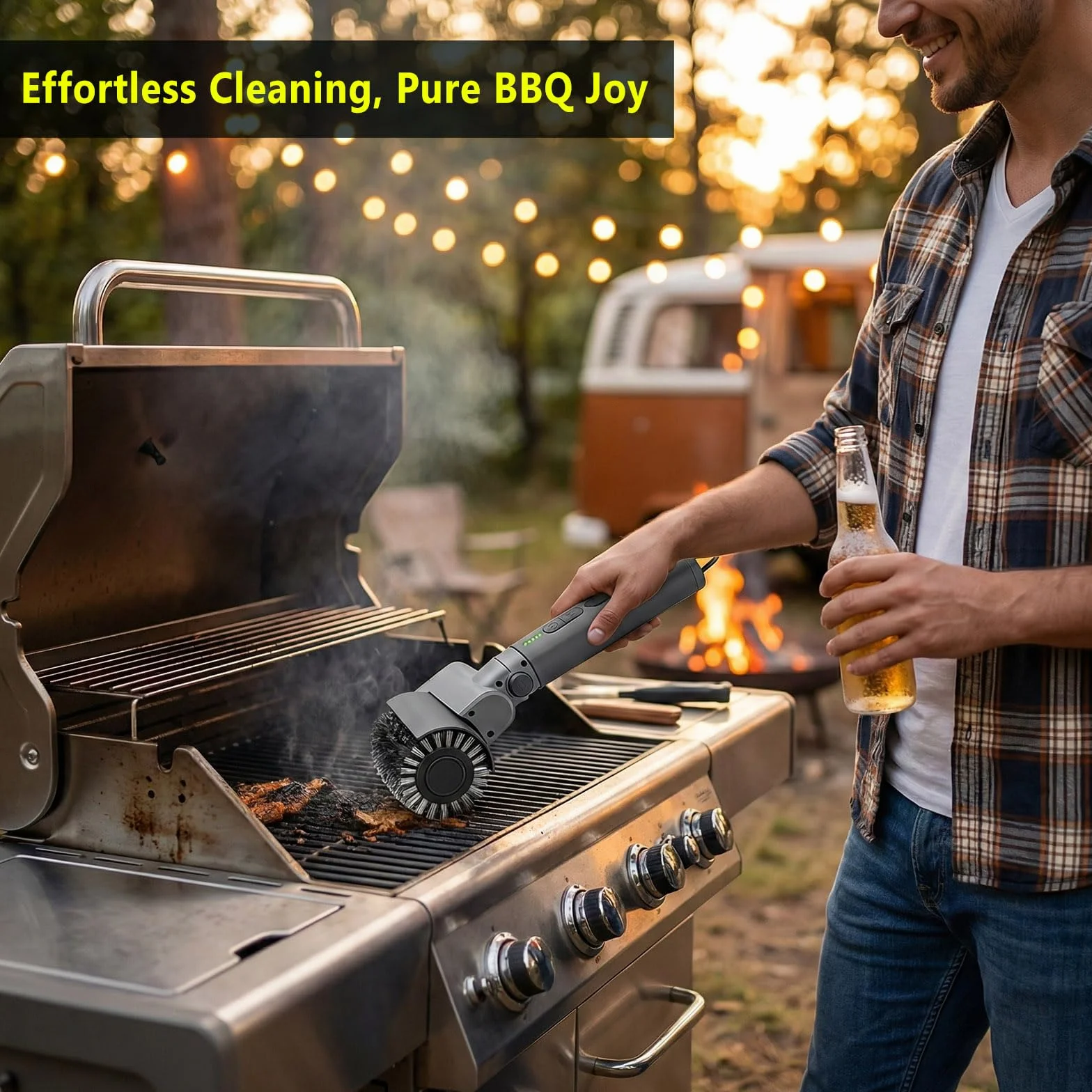 Spazzola elettrica per barbecue, set 3 in 1, senza fili, con setole in acciaio inox, ricaricabile, impermeabile, accessorio professionale per barbecue per una facile pulizia della ruggine