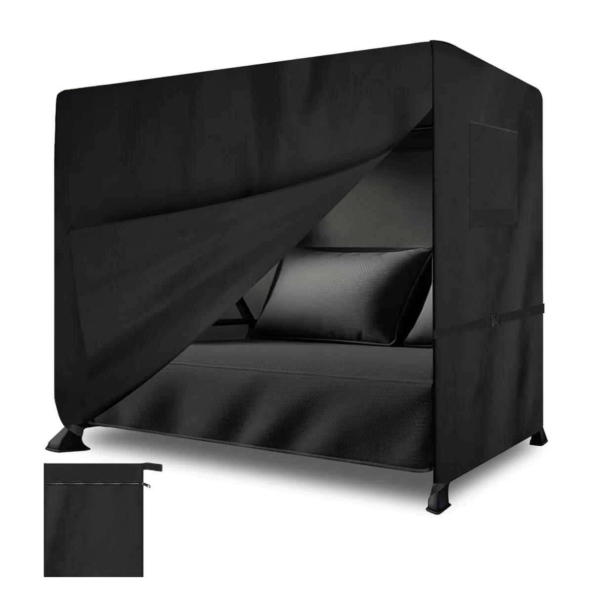 Copertura per dondolo Hollywood, 210 x 125 x 170 cm, resistente all'inverno, 3-4 posti, resistente agli strappi, in tessuto Oxford per mobili da giardino, altalena da giardino (nero)