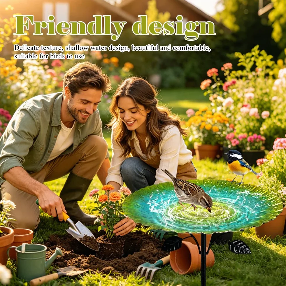 Abbeveratoio per uccelli in piedi, 85 cm, resistente all'inverno, per uccelli con forte base a 5 punti, grande ghisa, bagno per uccelli da giardino, in metallo antigelo retrò, verde, facile da pulire