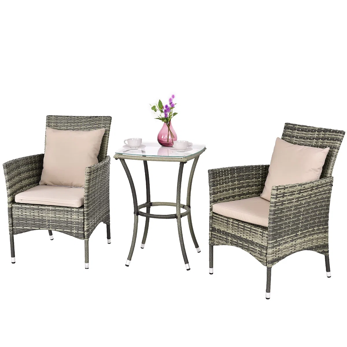 GIANTEX Set Mobili da Giardino in Rattan 3 Pezzi, Salottino da Giardino con 2 Poltrone e 1 Tavolino da Caffè in Vetro, Cuscini Inclusi, Resistente alle Intemperie