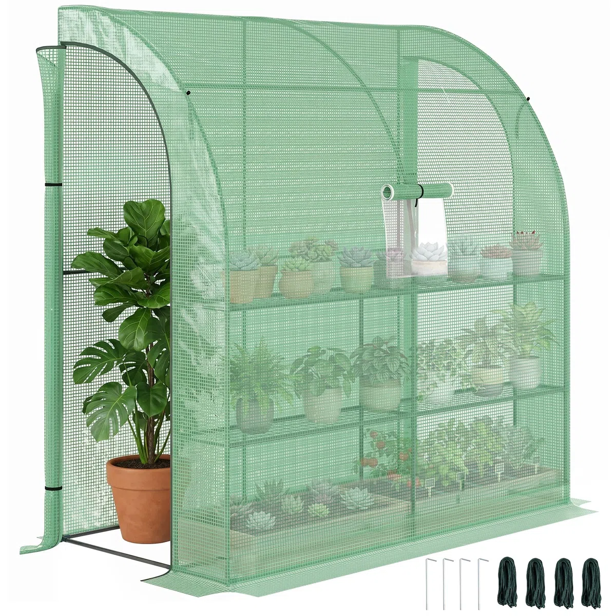 Outsunny Serra da Giardino Addossata 200x100x215cm a 3 Livelli, con 2 Porte Finestre Avvolgibili, Serra per Orto con Struttura in Acciaio e Copertura Plastica, per Orto Verdure Fiori, Verde