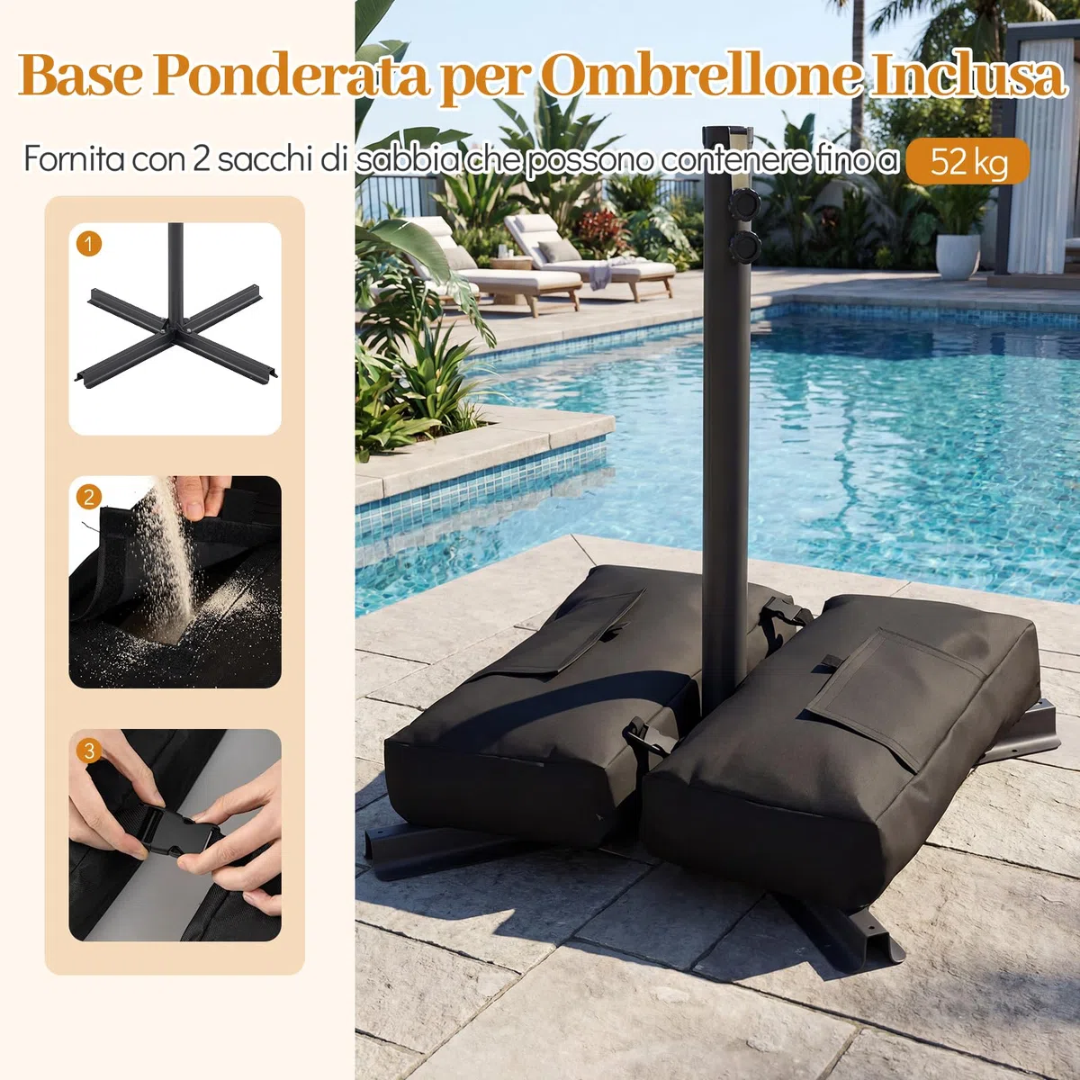 COSTWAY Ombrellone da Giardino 250 cm, Tettuccio Girevole e Ventilato | Protezione Solare, Resistente, Portatile, Sacchi di Sabbia, per Balcone, Esterno, Spiaggia (Grigio, 0 Luce LED)