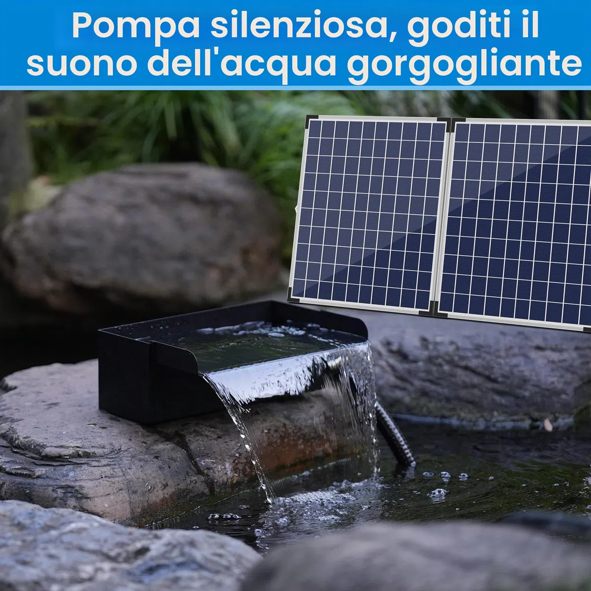 Biling Set completo a cascata solare, 20 cm, in acciaio inox, con pompa da 2100 l/h, cascata di ruscello per giardino, gioco d'acqua, terrazzo