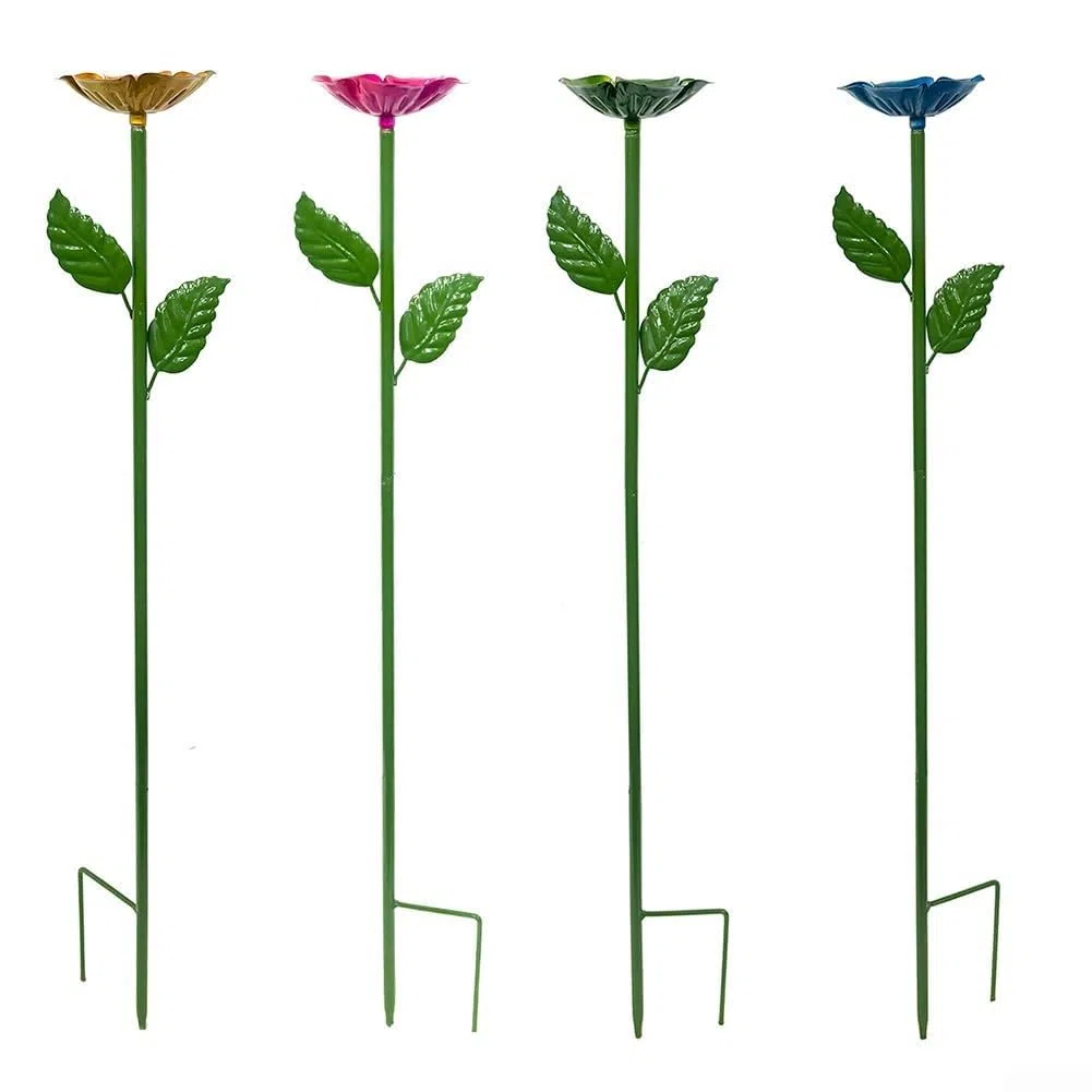 Confezione da 4 paletti in metallo per mangiatoie per fiori, in ferro resistente alla ruggine, con supporti a forma di fiore, per uso esterno, alimentazione per uccelli e api (quattro