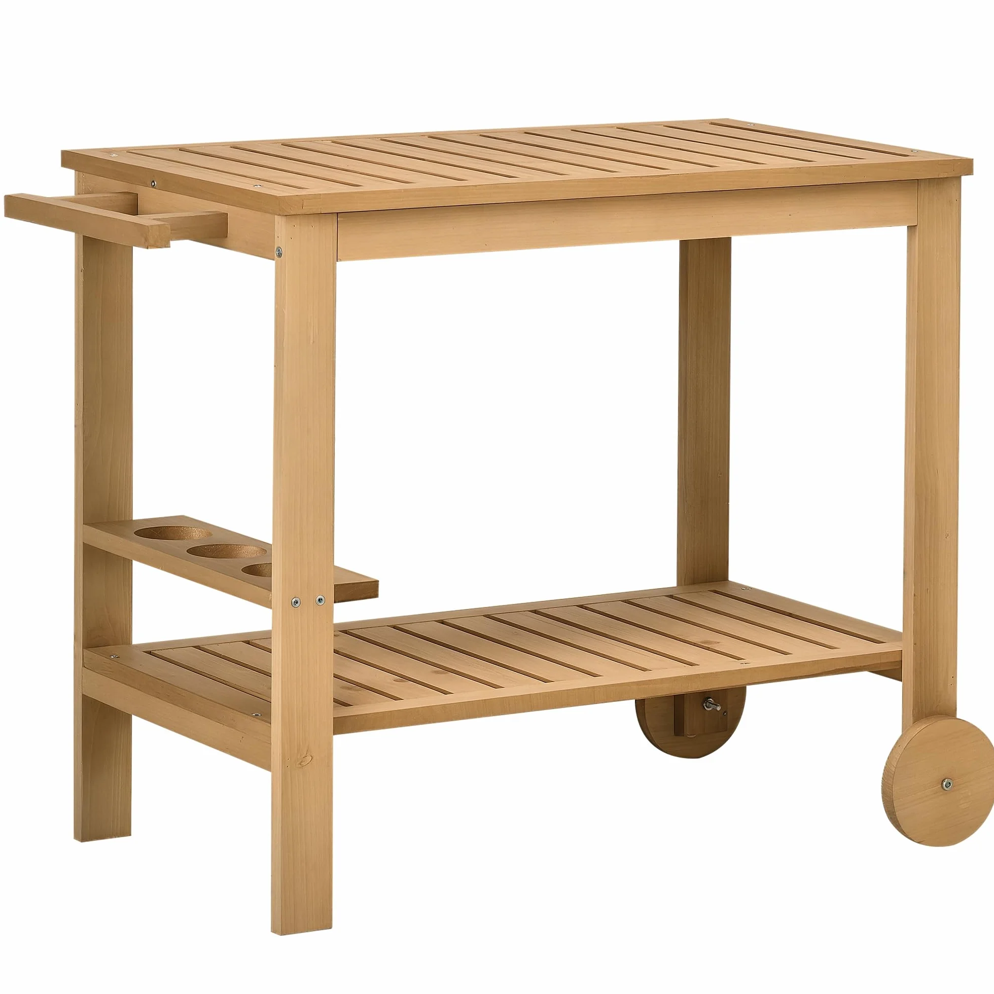 Outsunny Carrello Portavivande da Giardino, Carrellino 95x47x74 cm Legno | Legno di Abete, 2 Ripiani a Doghe, Carrello di Servizio, 3 Portabottiglie e Maniglia, per Patio Terrazza
