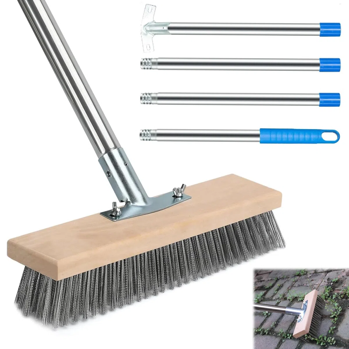 Scopa Metallica con Manico Regolabile 160cm, Spazzolone Acciaio Inossidabile Esterni, Spazzola Pavimenti Giardino & Terrazza, Scopa Metallo per Rimuovere Muschio, Erbacce, Macchie Ostinate