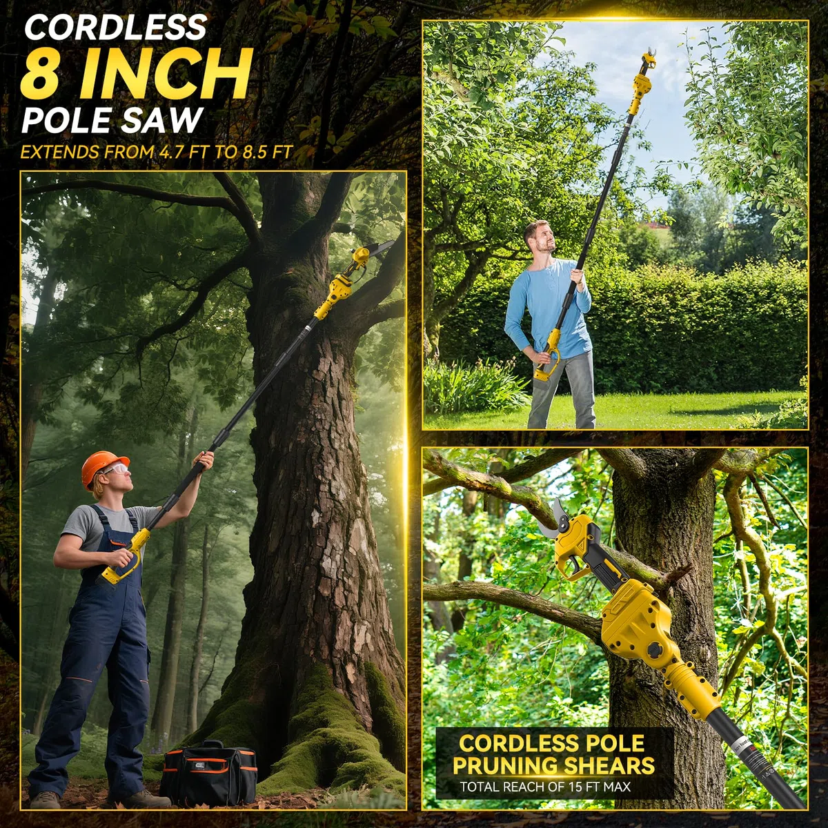 Mini Motosega 8 Pollici con Prolunga + Cesoie Elettriche 30 mm Compatibile con Batteria DeWalt 20V, Set Attrezzi da Giardino 4 in 1 Portata Massima 4,57 m per Potatura Alberi (Senza Batteria)