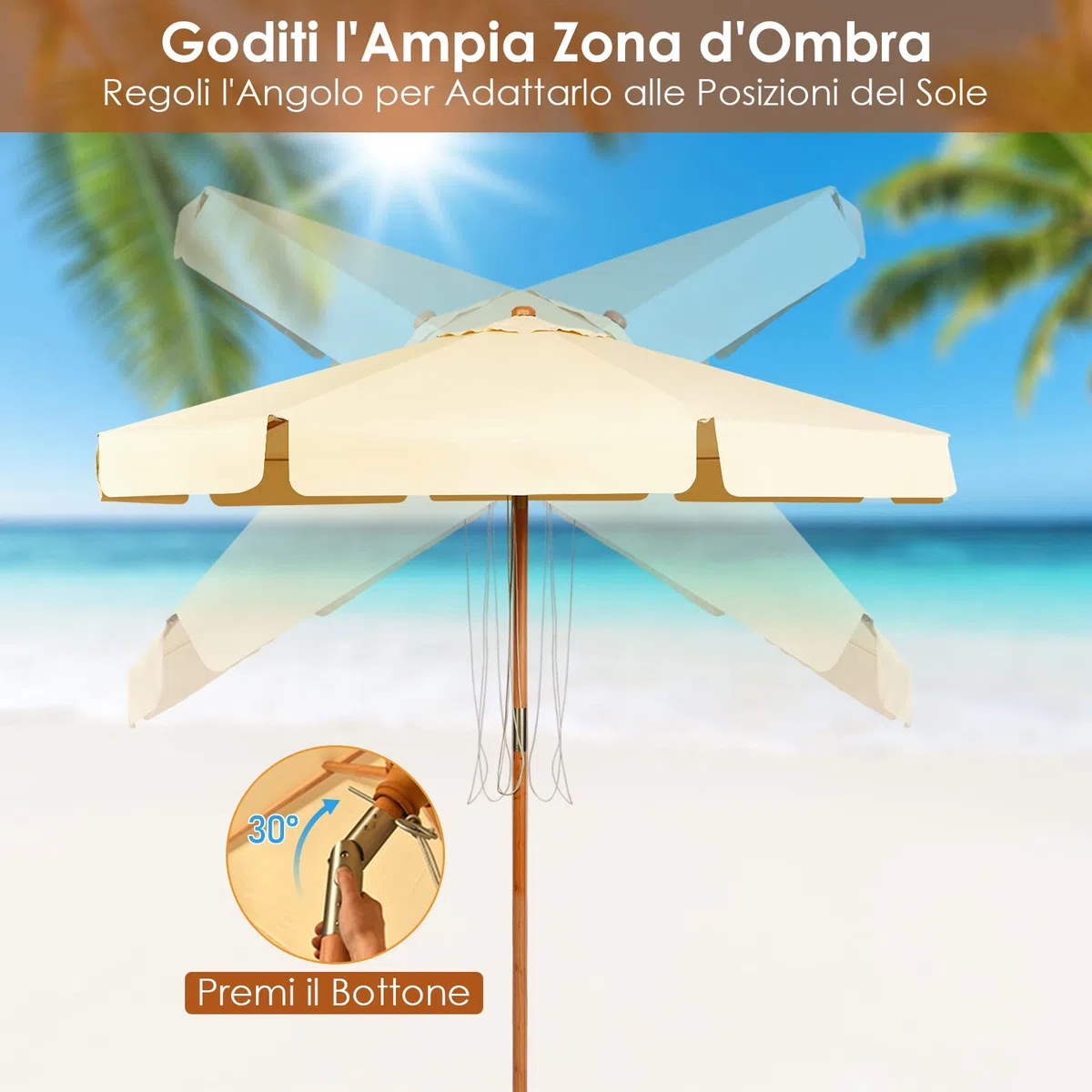 RELAX4LIFE Ombrellone da Giardino 3 x 3 M Rotondo, Ombrellone da Esterno con Tela Impermeabile e Anti-Sole, Struttura in Legno, Altezza e Inclinazione Regolabile (Beige)