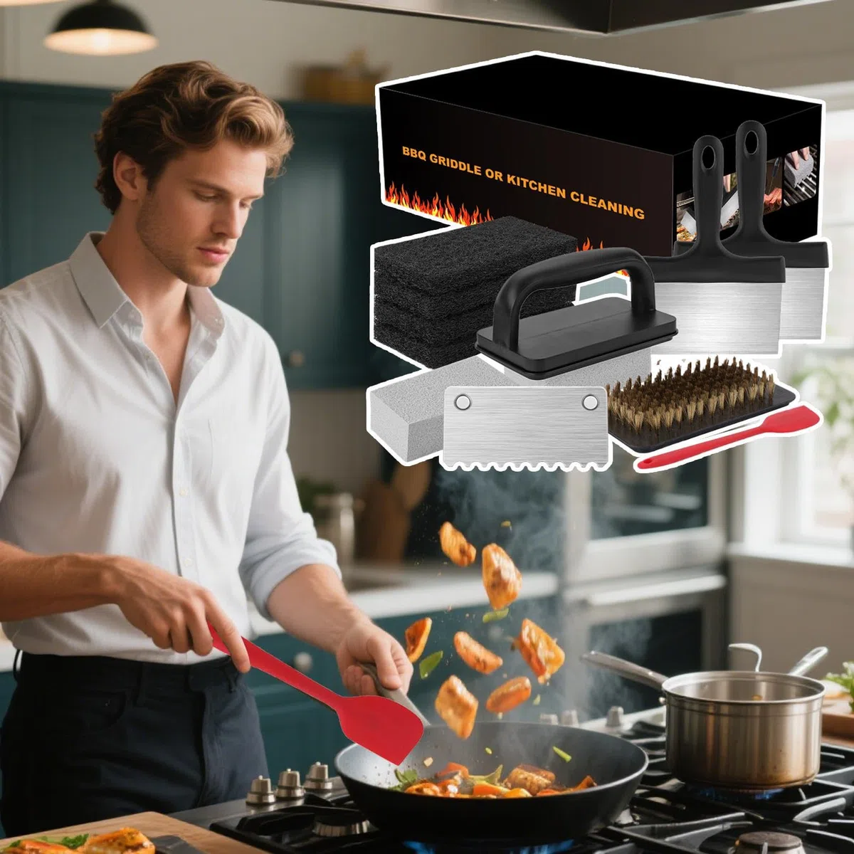 Kit Per Pulizia Piastra Barbecue, Attrezzi per Pulizia Piastre con Rimozione Ruggine, Utensili da Cucina Portatili Resistenti, Set Ergonomico per Picnic, Spiaggia e Giardino