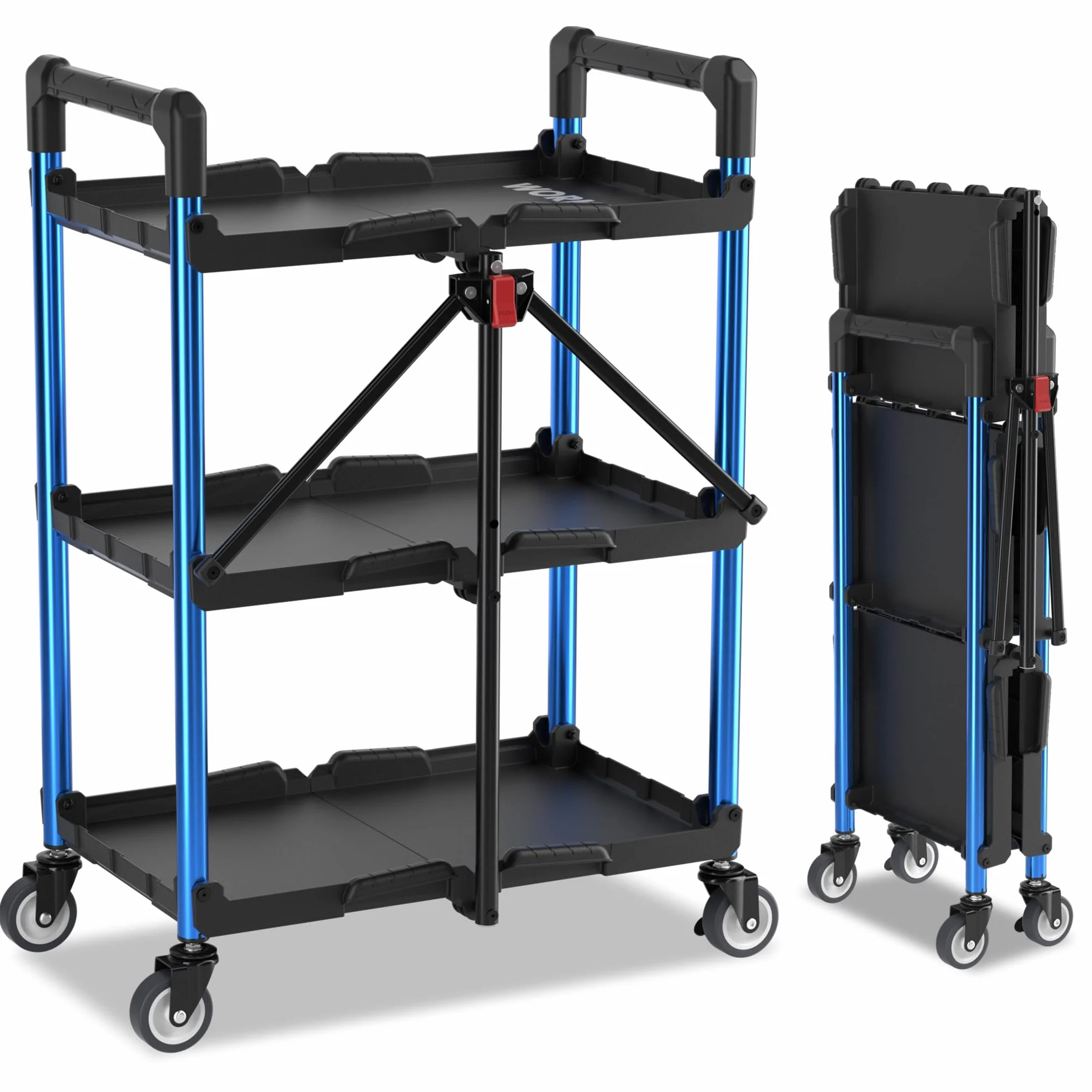 WORKPRO Carrello Pieghevole con Ruote a 3 Strati, Carrello Porta Attrezzi Multifunzione con 4 Ruote (2 con Freno) Carico di 32 kg, Ideale per Garage, Magazzini, Uffici(Non Necessita di Installazione)