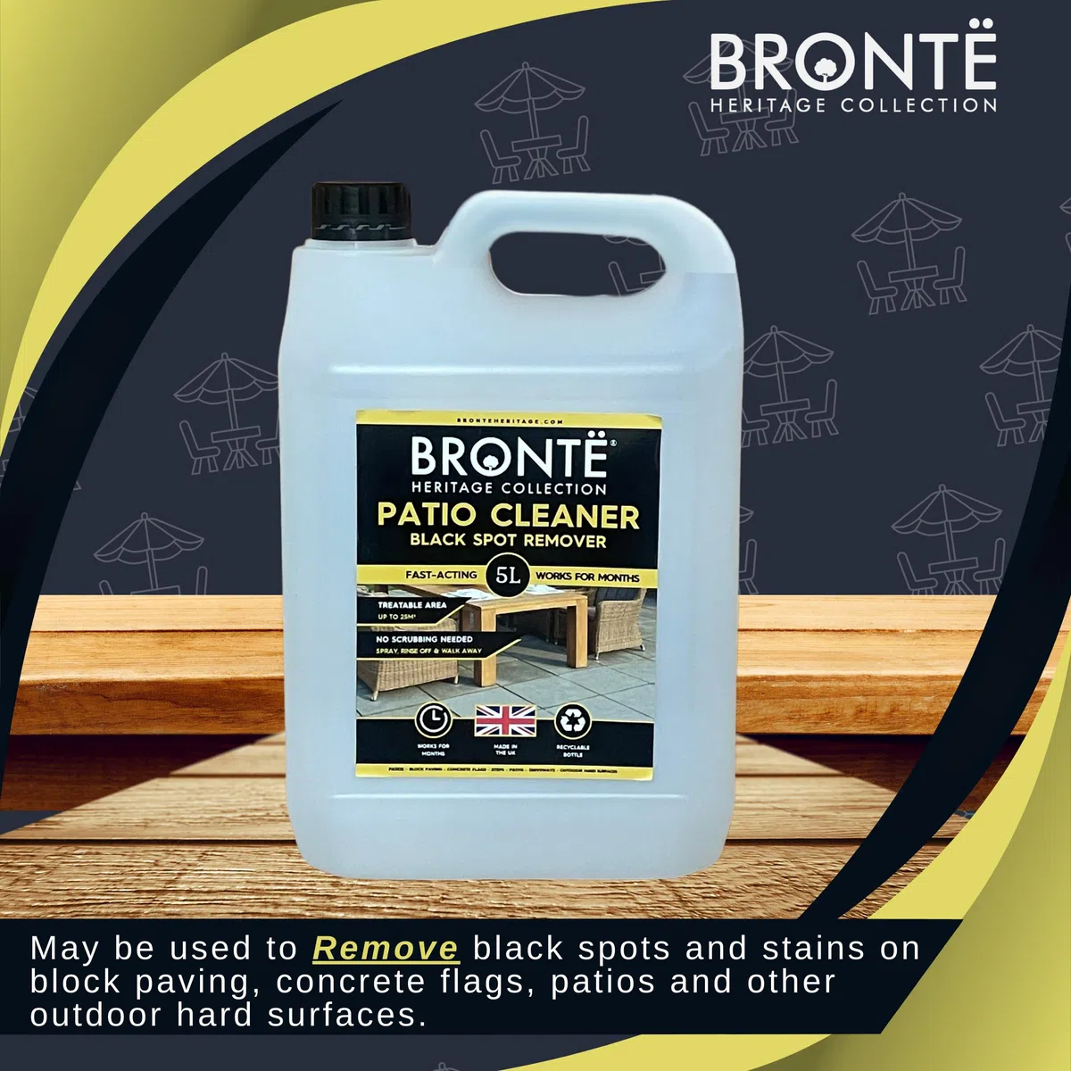 Bronte Heritage Patio Black Spot Remover 5L – Soluzione ad azione rapida per macchie nere ostinate, licheni, muschio e macchie. Non necessita di strofinare, per patio, pavimentazione, vialetti e