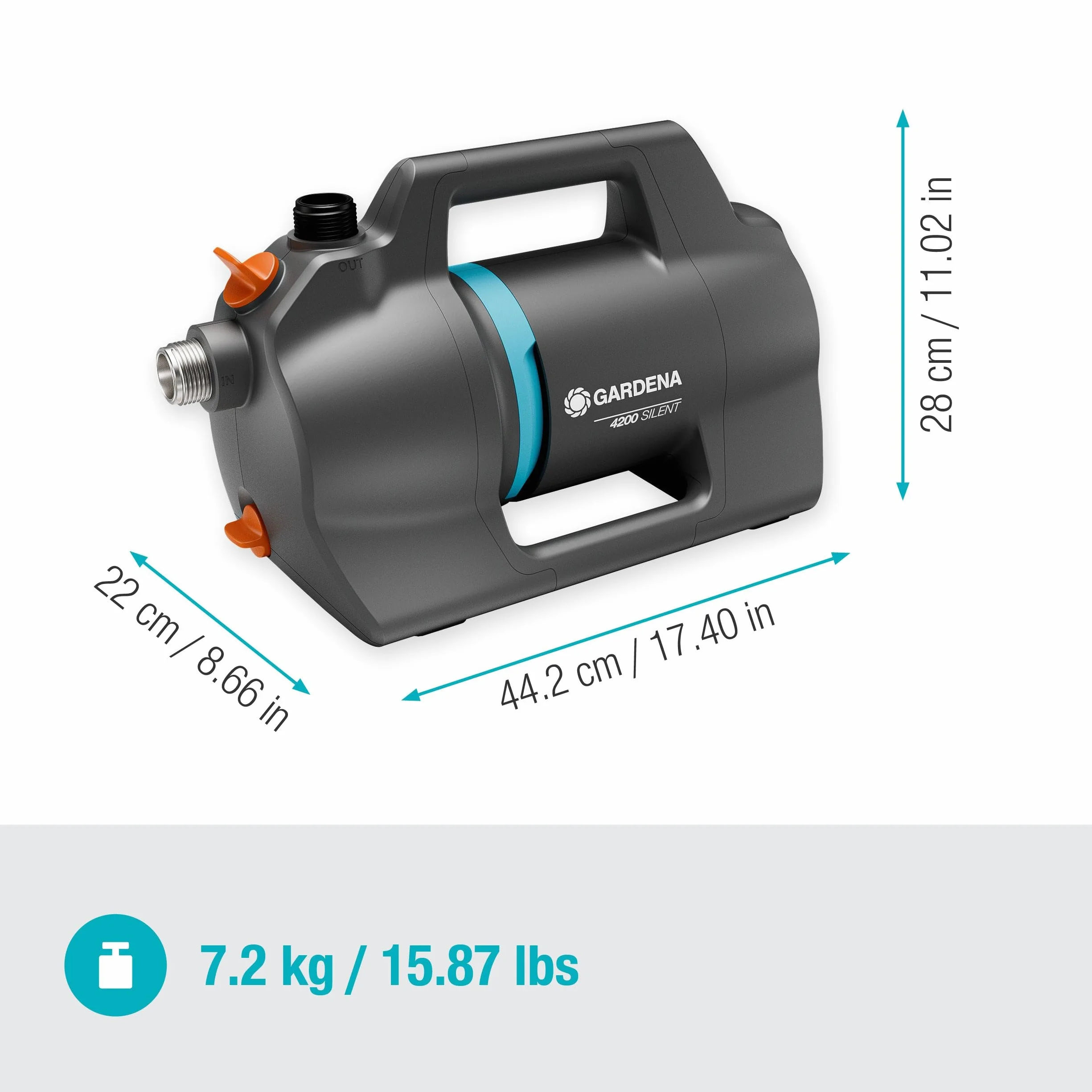 Pompa da giardino Gardena 4200 Silent: Pompa per irrigazione molto silenziosa e innovativa, portata 4200 l/h, motore da 600 W, 3,9 bar, impermeabile, a risparmio energetico (9054-20)