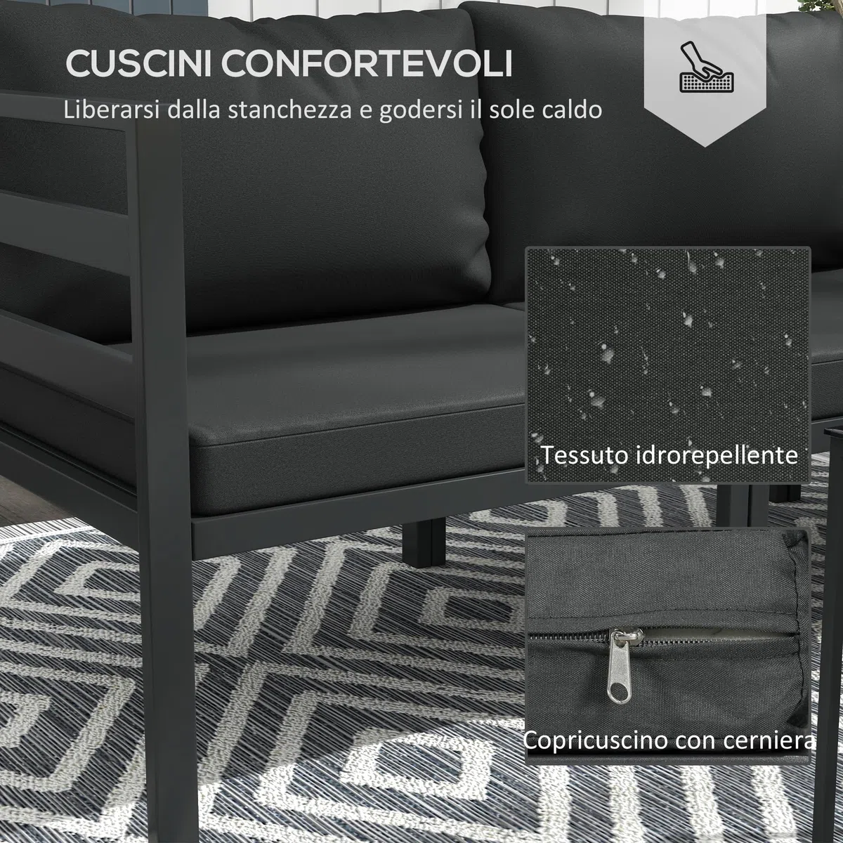 Outsunny Set Salotto da Giardino da 7 Pezzi 5 Poltrona da Esterno Grigio | 2 Tavolini da Caffè con Piano in Vetro, Cuscini, Set di Mobili in Acciaio e Poliestere