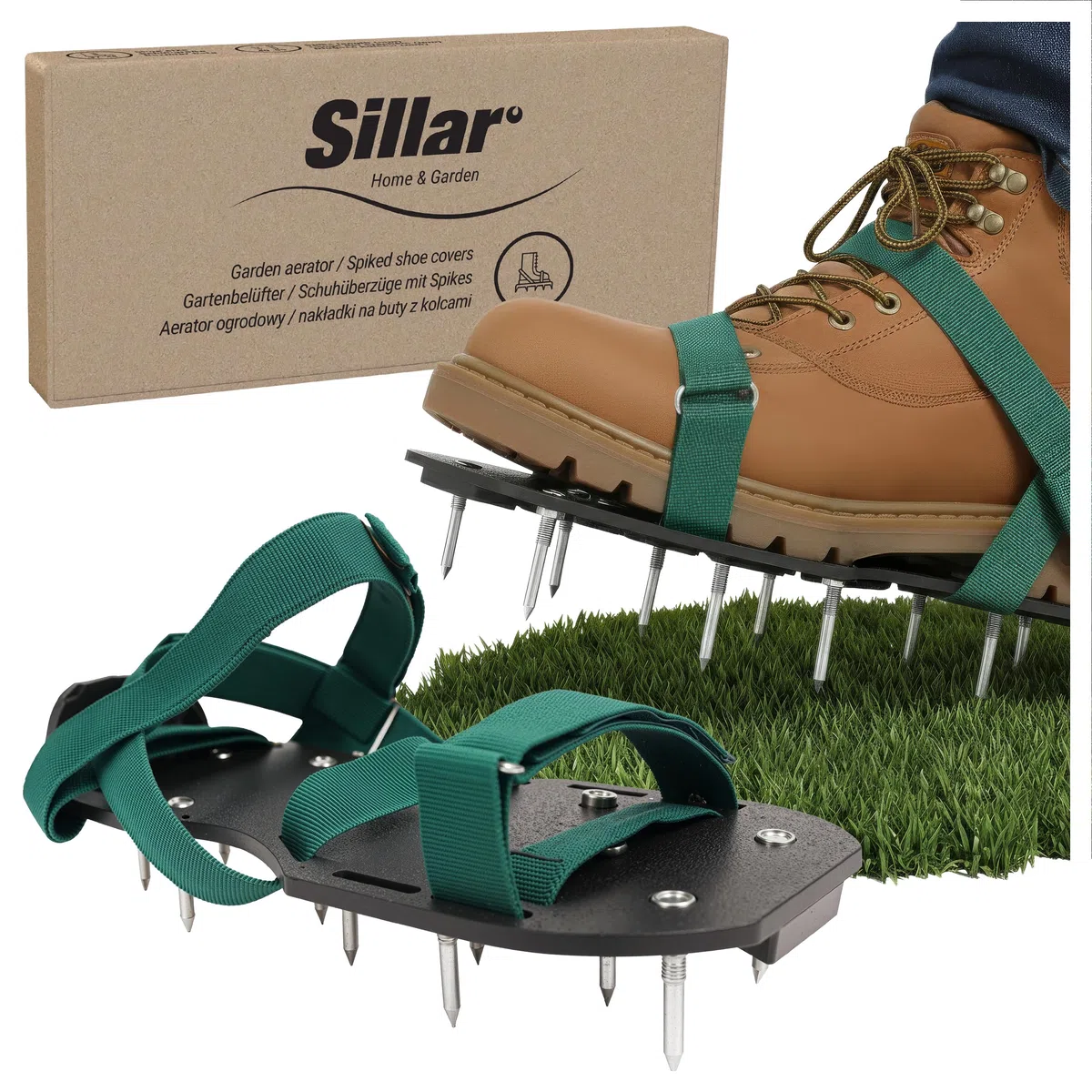 Sillar Scarpe Arieggiatore Prato 2 in 1, Scarpe Chiodate per Areazione Prato, Terreno e Giardino, Scarificatore Manuale con Chiodi 55 mm e 40 mm, per Pavimenti e Massetto, Taglie 37-48