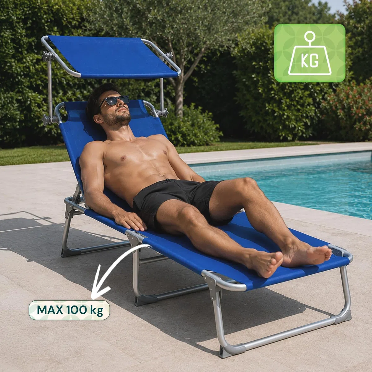 Avilia - Lettino Prendisole Pieghevole con Parasole 360° – Alluminio, Tessuto Oxford, 100 kg | Lettino Prendisole Reclinabile 0-60°, Traspirante, L54×P185×A24 cm – Chiuso L54×P17×A70 cm