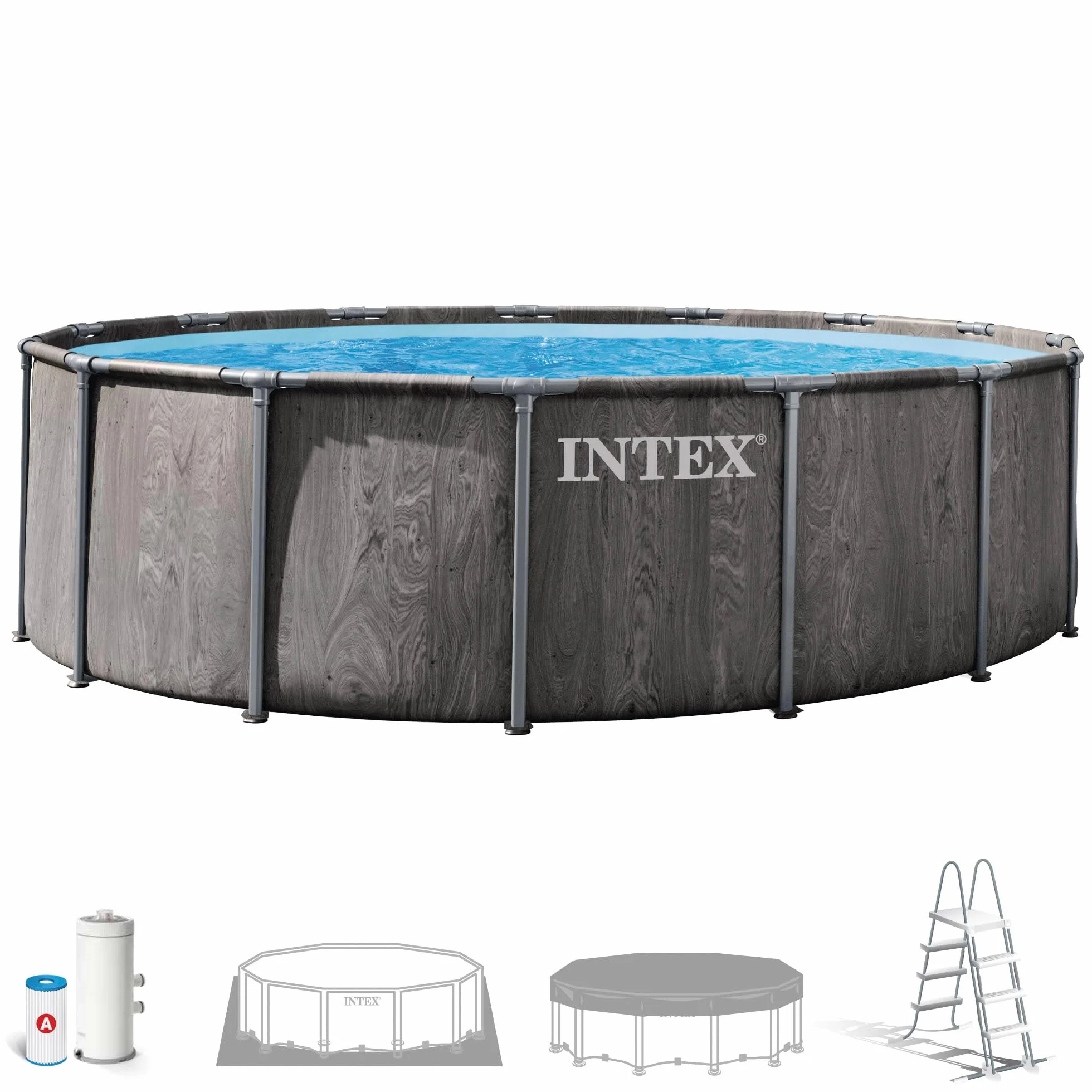 Intex 26742ND 4.57m x1.22m Greywood Prism Frame Premium Pool Set (Includes Filter Pump, Safety Ladder, Ground Cloth, Pool Cover)