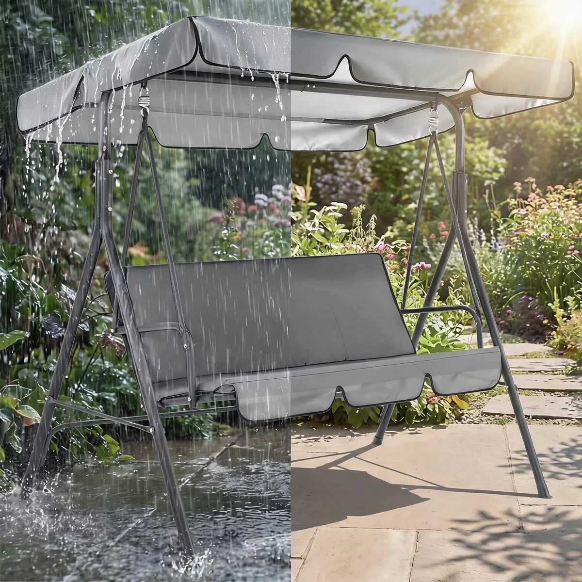 Set di ricambio per dondolo da giardino a tre piedistalli con copertura superiore e coprisedile in tessuto Oxford 210D resistente alle intemperie (grigio, 164 x 114 x 15 cm)