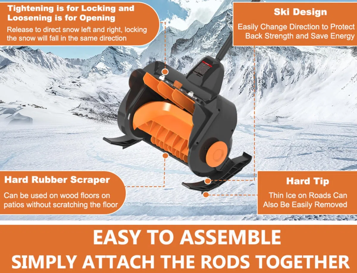 Spazzaneve elettrico portatile senza fili con manico ausiliario, batteria e caricabatterie per una rimozione efficiente della neve