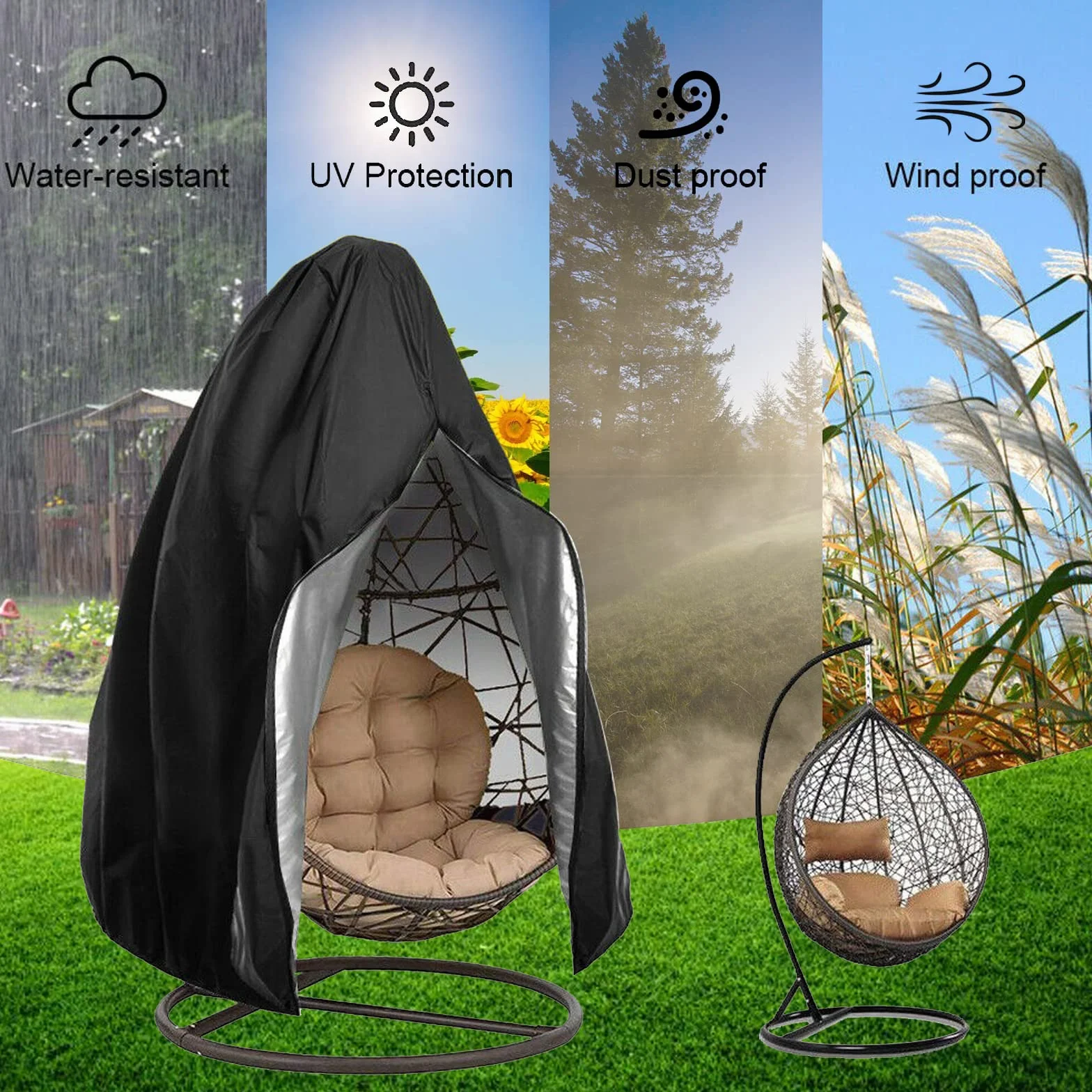 Copri Sedia da Giardino Pensile per Uova in Rattan per Esterni Sedia da Altalena in Vimini Impermeabile Antipolvere per Mobili da Giardino con Cerniera, 190x115 cm (Nero)